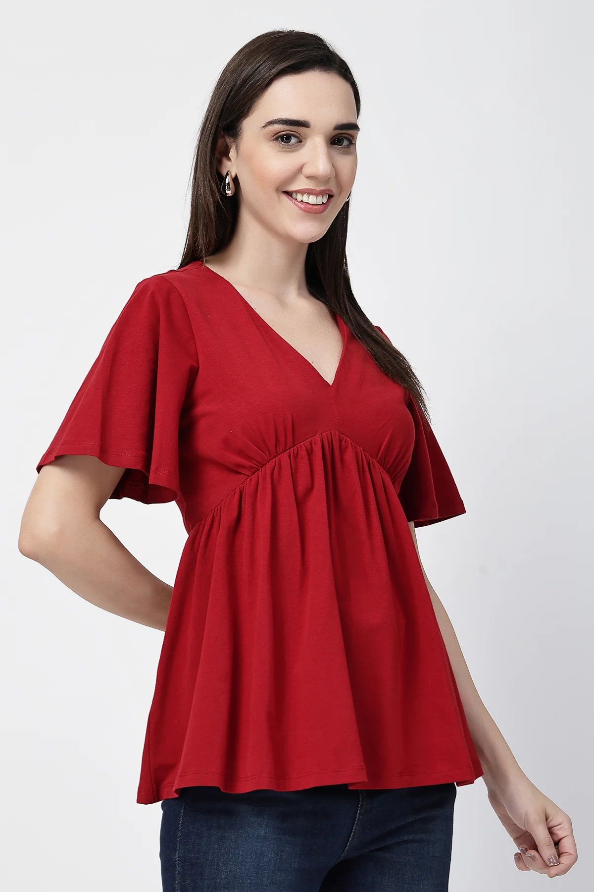 V-Neck Cotton Maternity Nursing Top - Red - Image 6