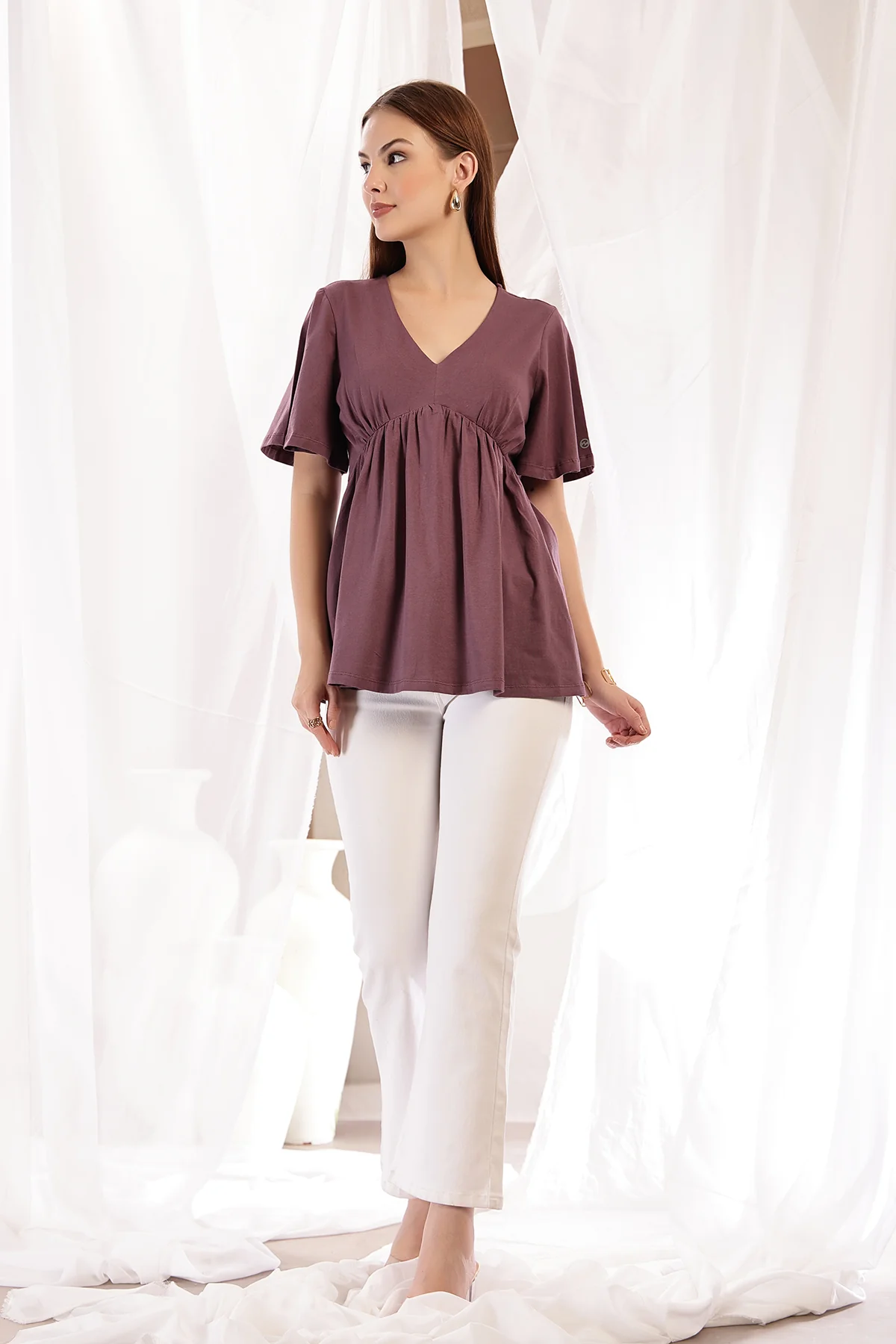 V-Neck Cotton Maternity Nursing Top - Rosewood - Image 11