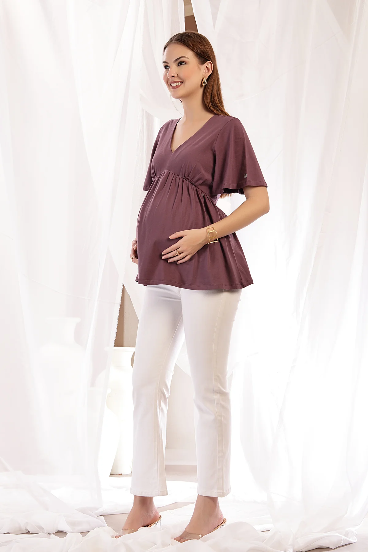 V-Neck Cotton Maternity Nursing Top - Rosewood - Image 12