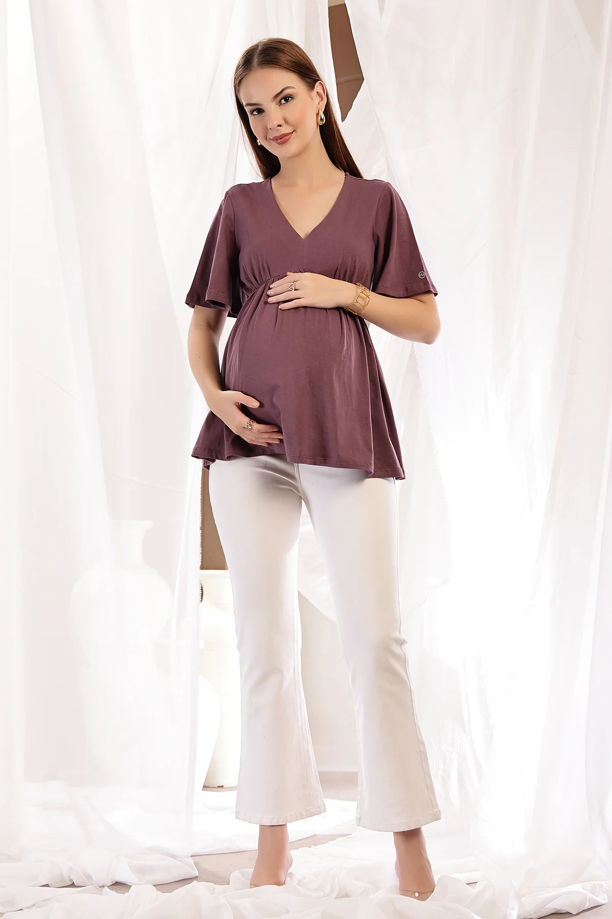 V-Neck Cotton Maternity Nursing Top - Rosewood - Image 3