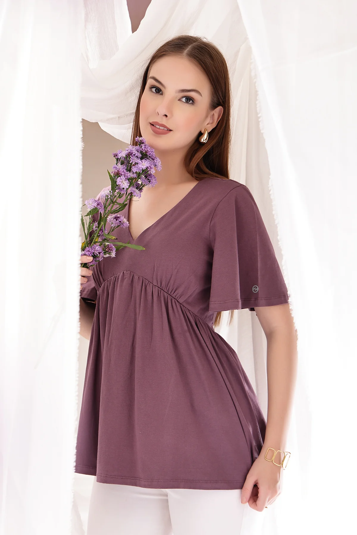 V-Neck Cotton Maternity Nursing Top - Rosewood - Image 6