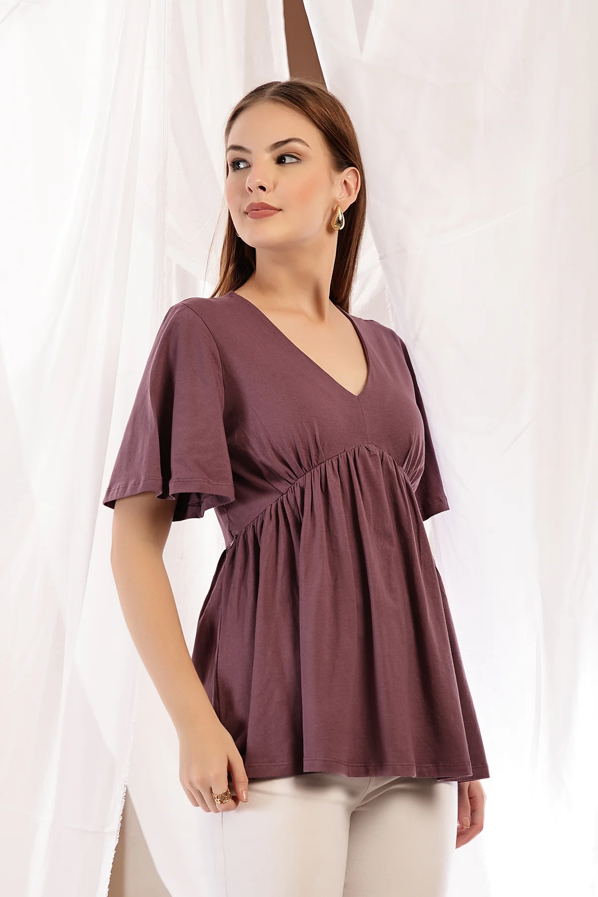 V-Neck Cotton Maternity Nursing Top - Rosewood - Image 9