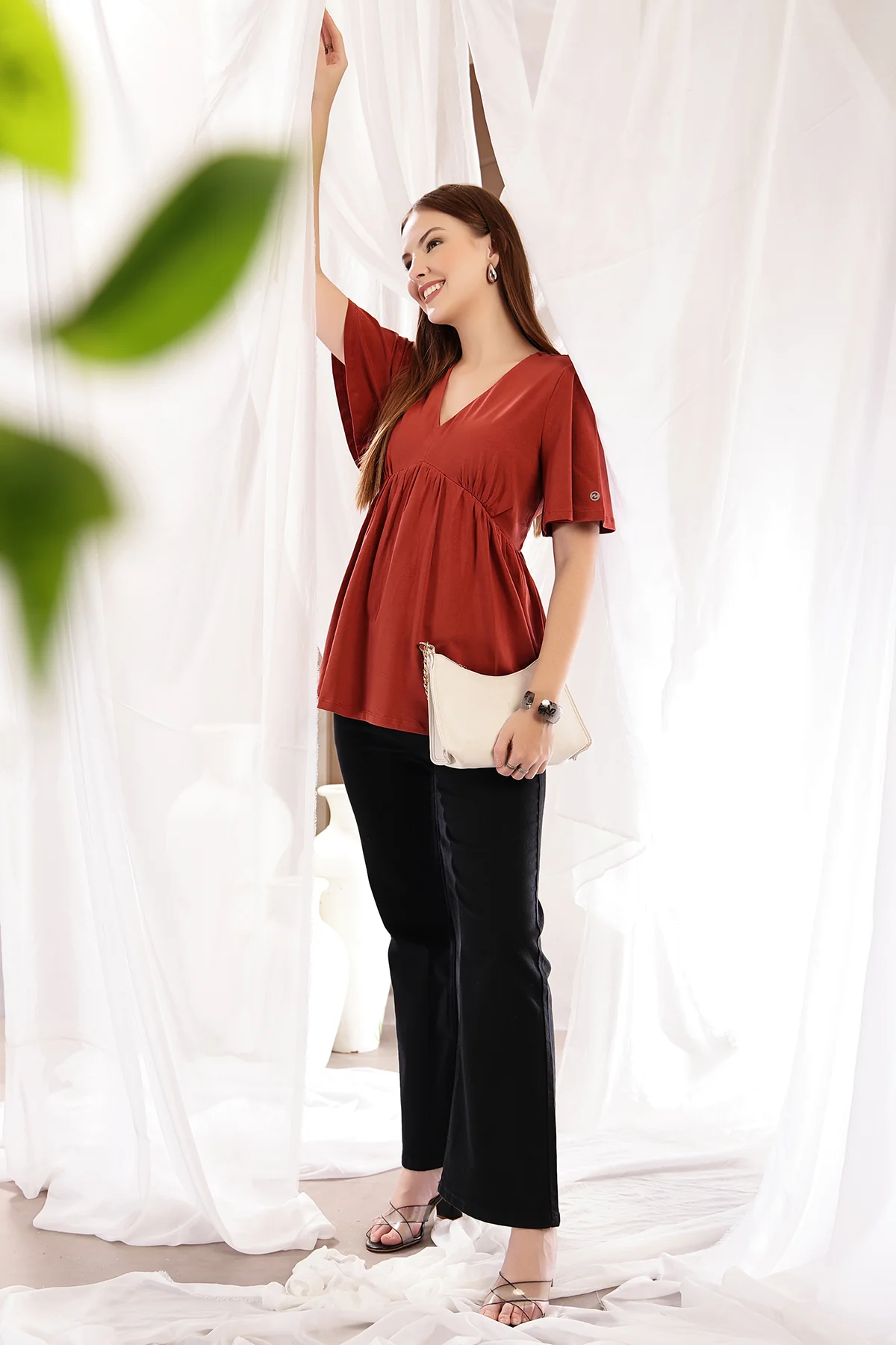 V-Neck Cotton Maternity Nursing Top - Rust - Image 11