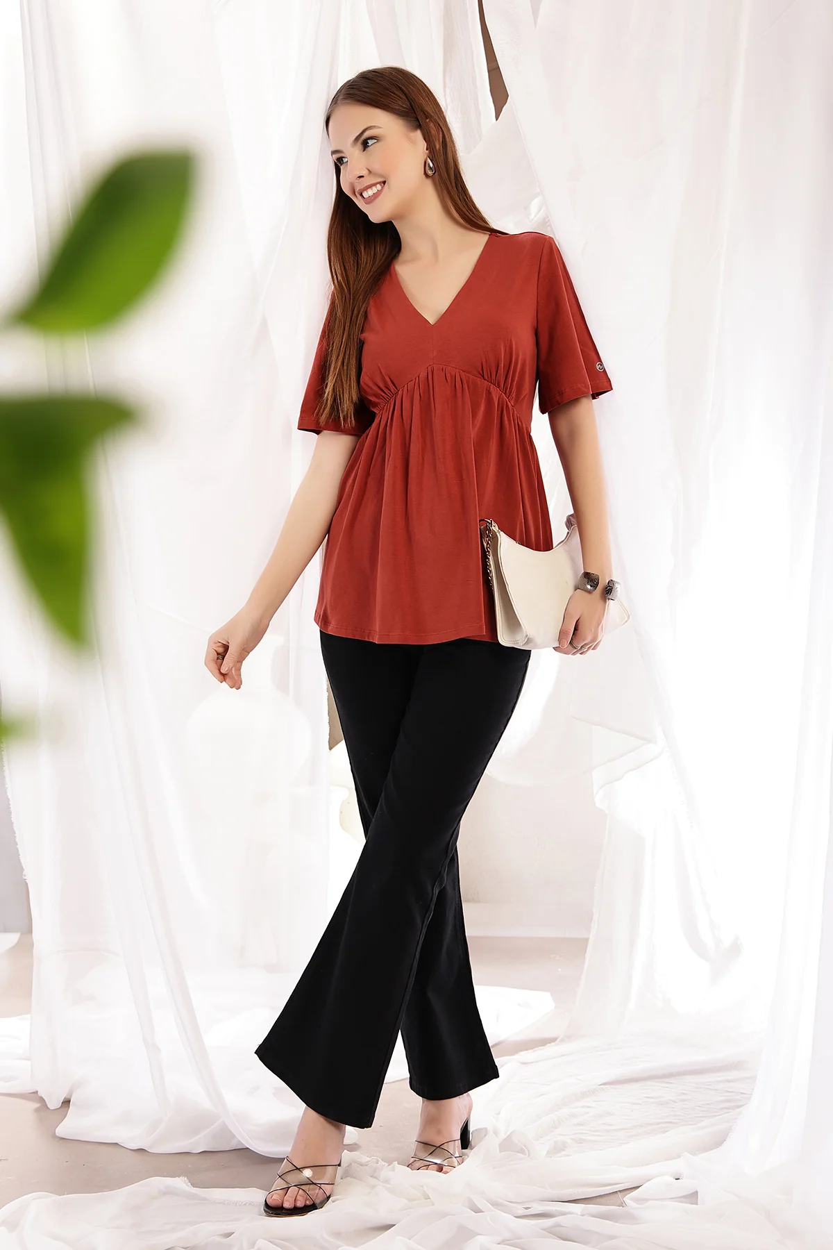 V-Neck Cotton Maternity Nursing Top - Rust - Image 12