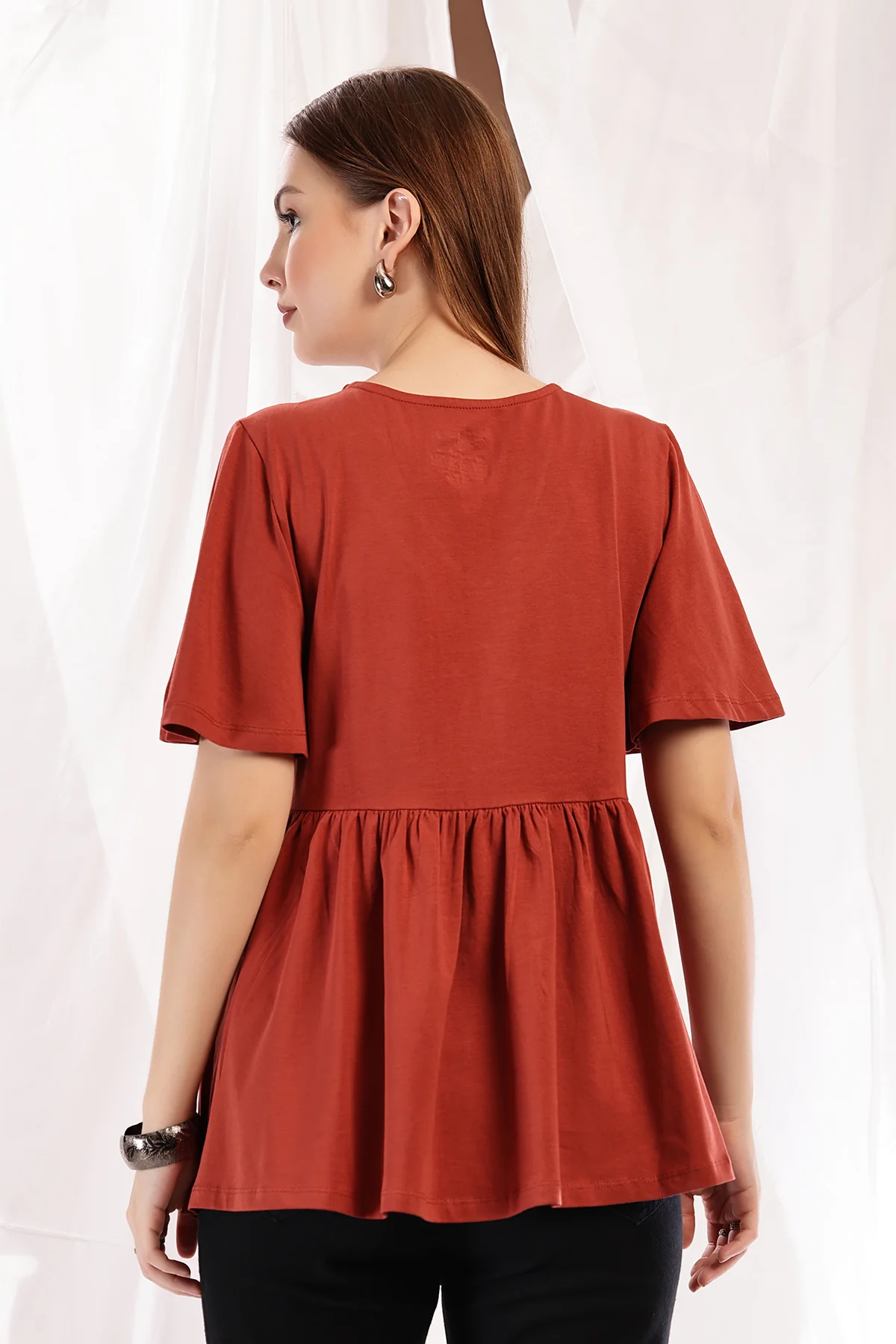 V-Neck Cotton Maternity Nursing Top - Rust - Image 3