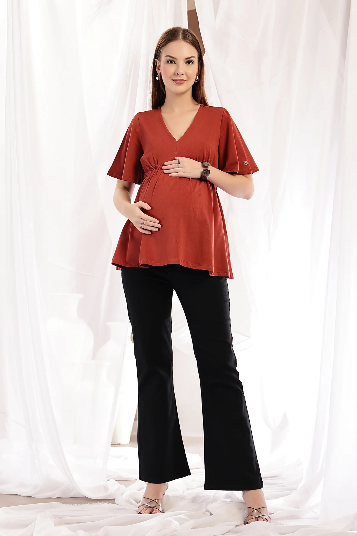 V-Neck Cotton Maternity Nursing Top - Rust - Image 5