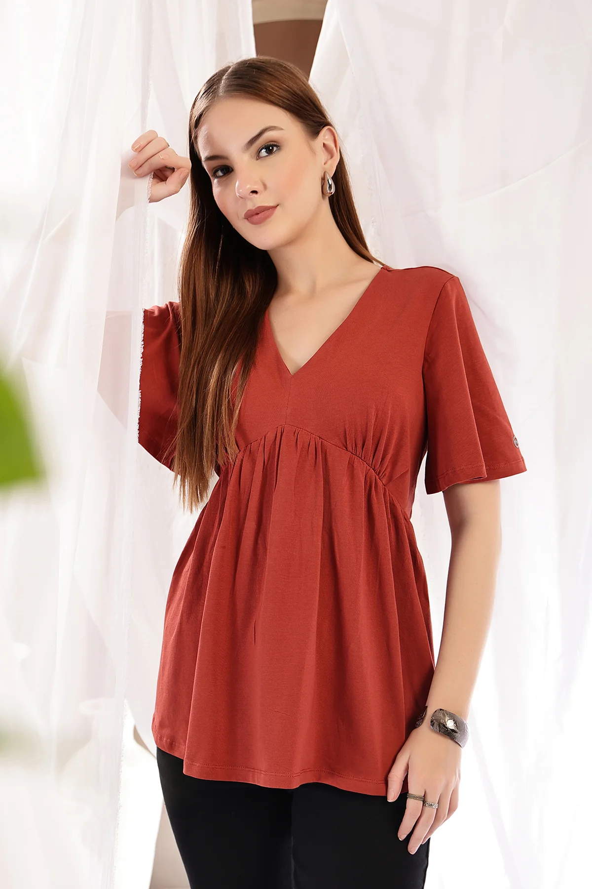 V-Neck Cotton Maternity Nursing Top - Rust - Image 6