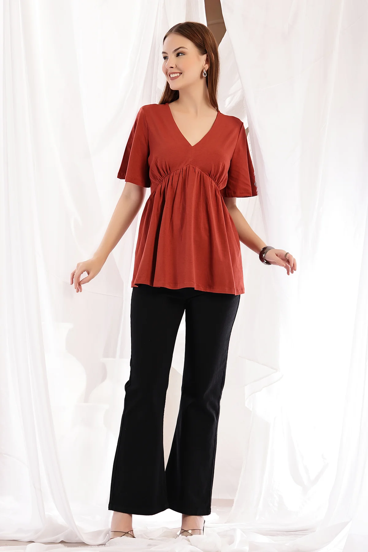 V-Neck Cotton Maternity Nursing Top - Rust - Image 8