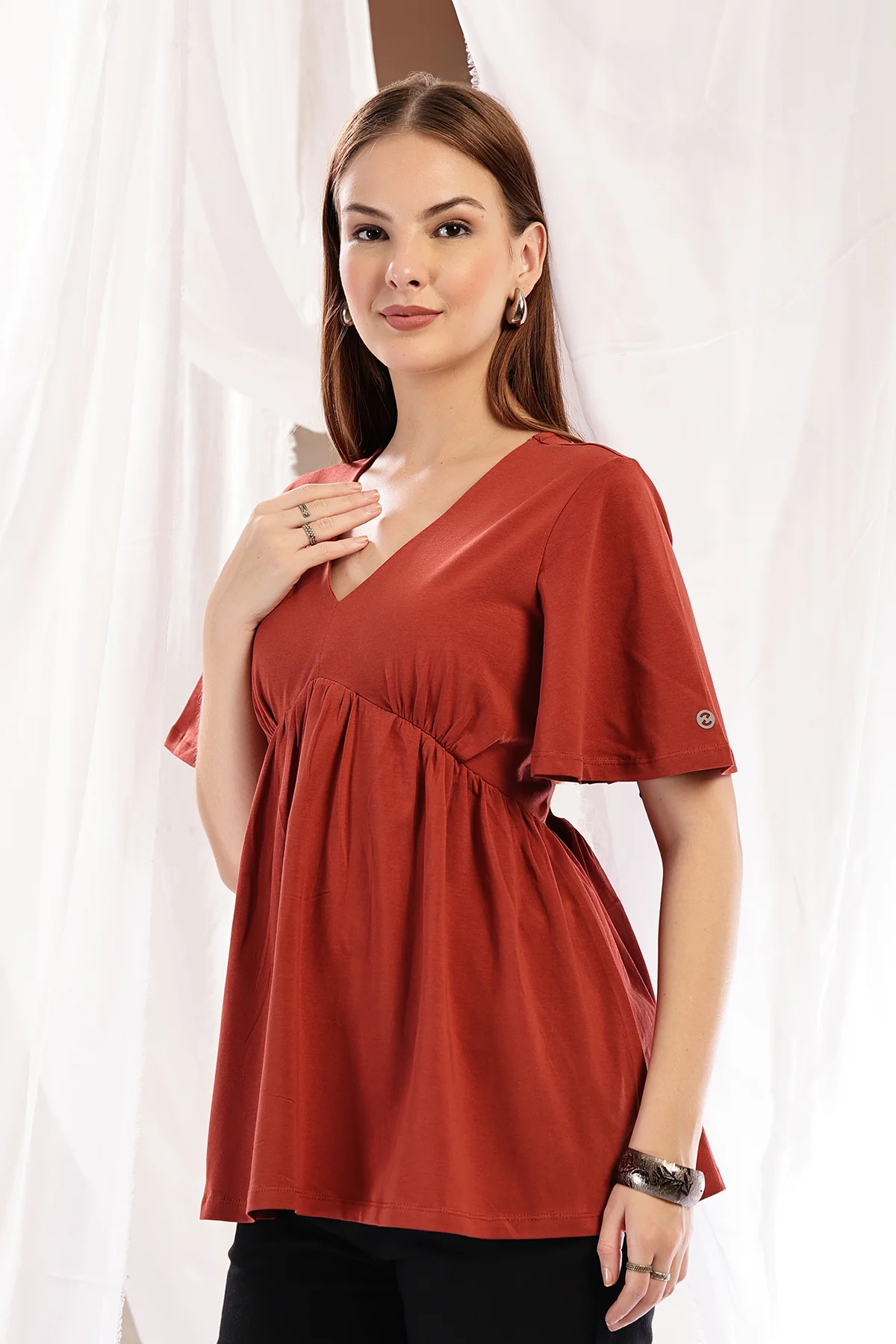 V-Neck Cotton Maternity Nursing Top - Rust - Image 9