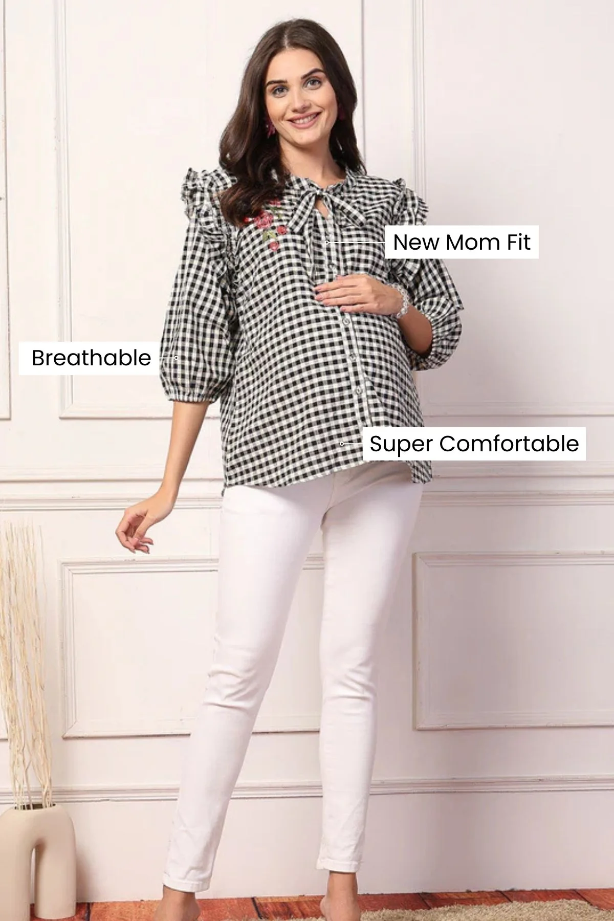 Vintage Charm Black and White Checkered Zipless Feeding Maternity Top - Image 5