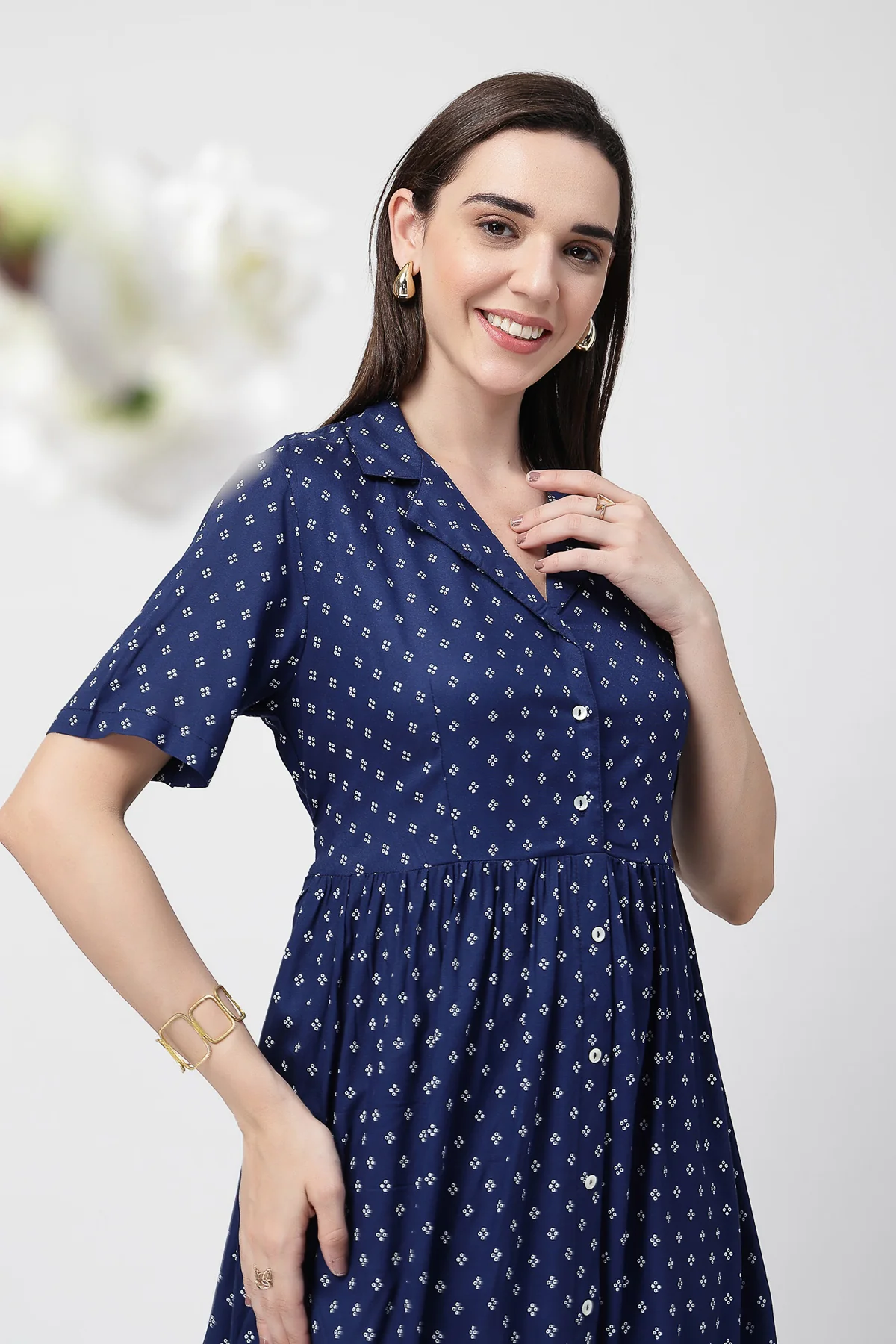 White Polka Dot Print Zipless Feeding Shirt Dress - Navy Blue - Image 10