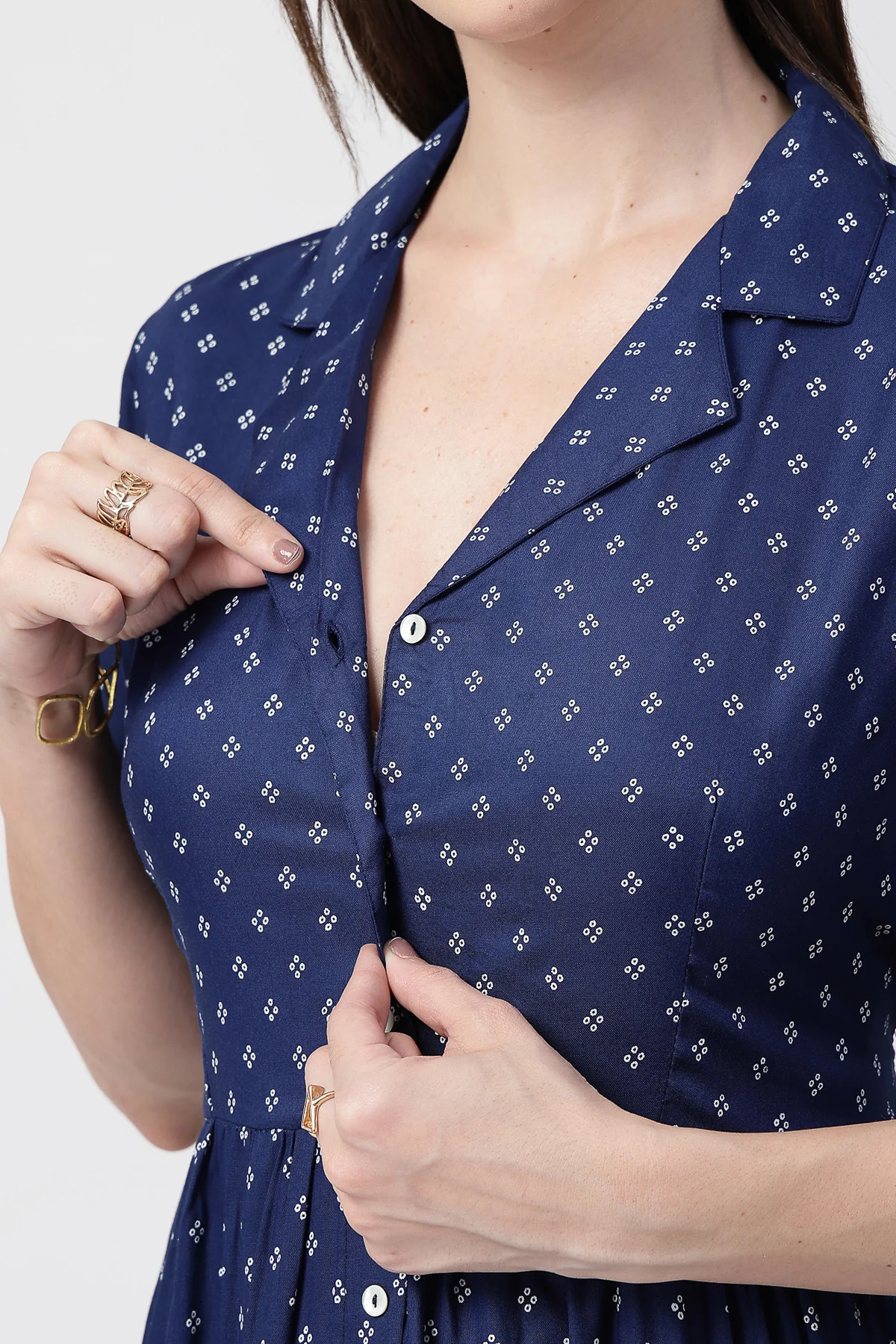 White Polka Dot Print Zipless Feeding Shirt Dress - Navy Blue - Image 2