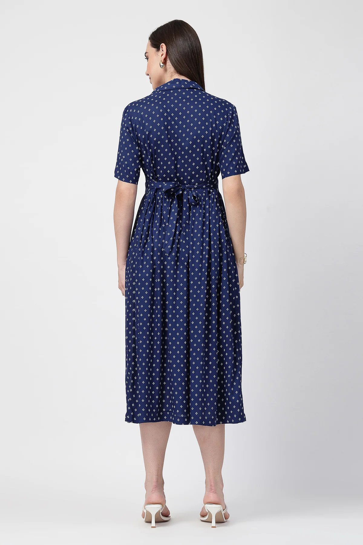 White Polka Dot Print Zipless Feeding Shirt Dress - Navy Blue - Image 3