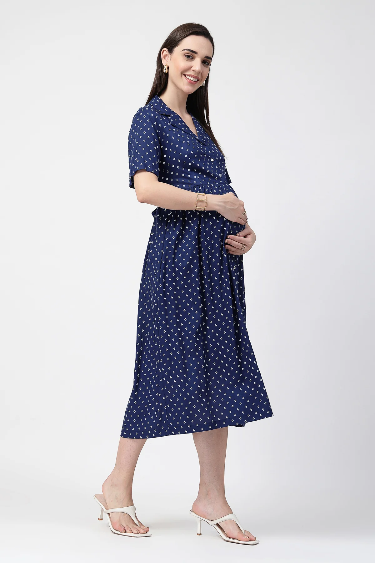 White Polka Dot Print Zipless Feeding Shirt Dress - Navy Blue - Image 4