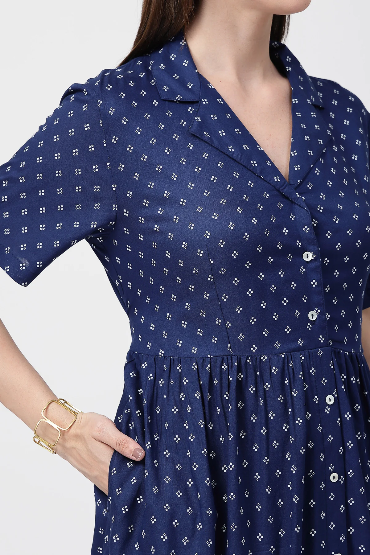 White Polka Dot Print Zipless Feeding Shirt Dress - Navy Blue - Image 5