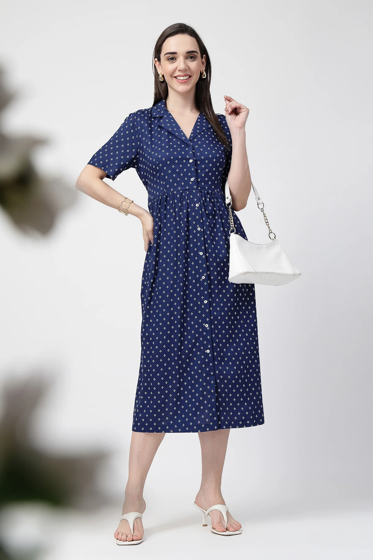 White Polka Dot Print Zipless Feeding Shirt Dress - Navy Blue - Image 6