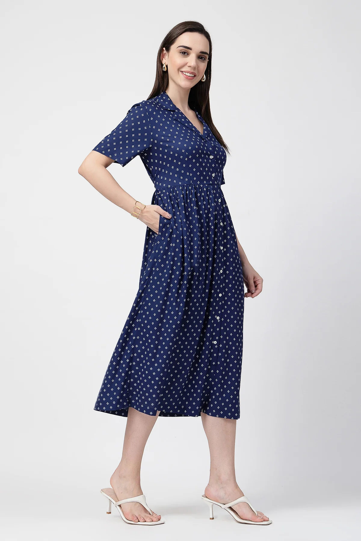 White Polka Dot Print Zipless Feeding Shirt Dress - Navy Blue - Image 7
