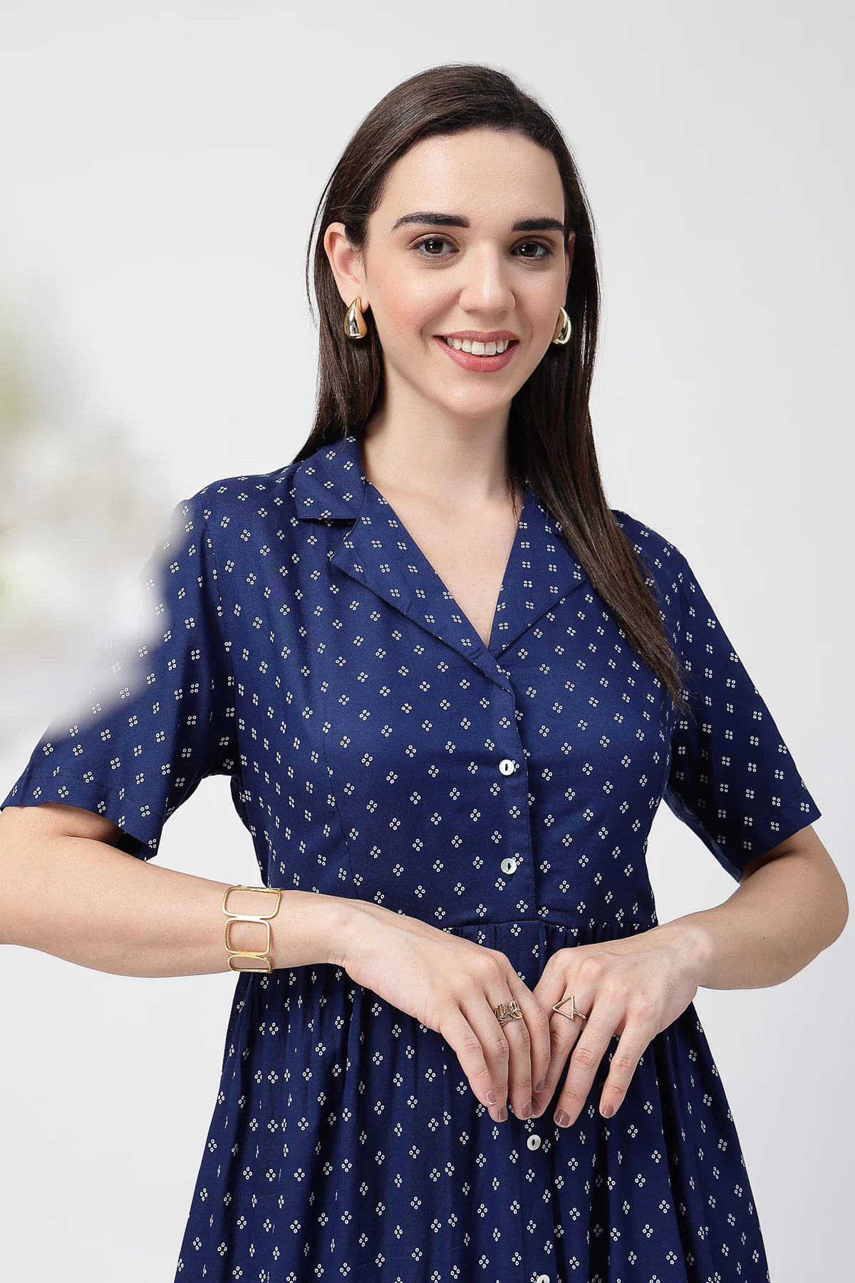 White Polka Dot Print Zipless Feeding Shirt Dress - Navy Blue - Image 8