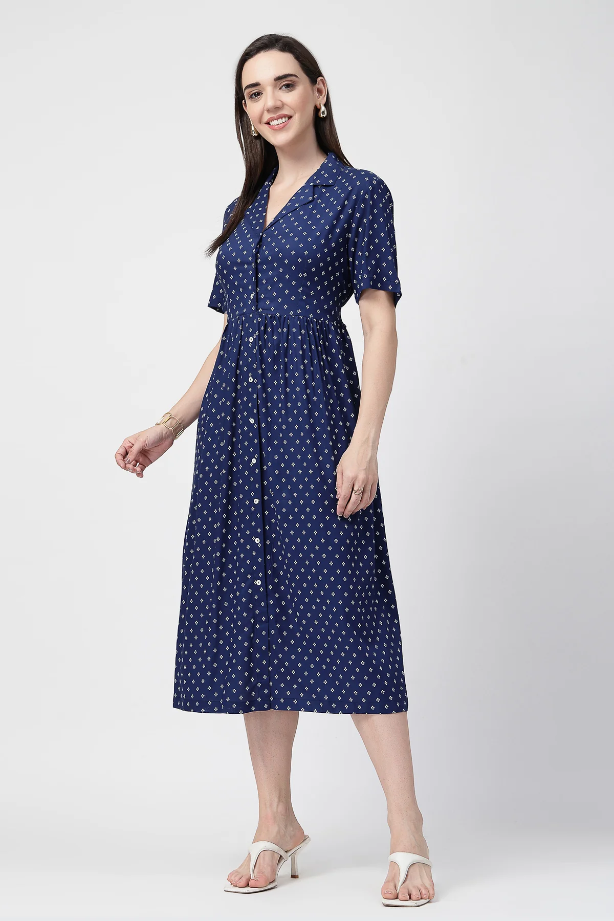 White Polka Dot Print Zipless Feeding Shirt Dress - Navy Blue - Image 9