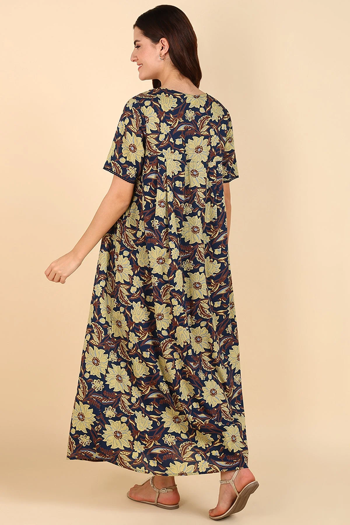 Yellow Floral Printed 100% Soft Cotton Zipless Maternity Maxi - Image 10