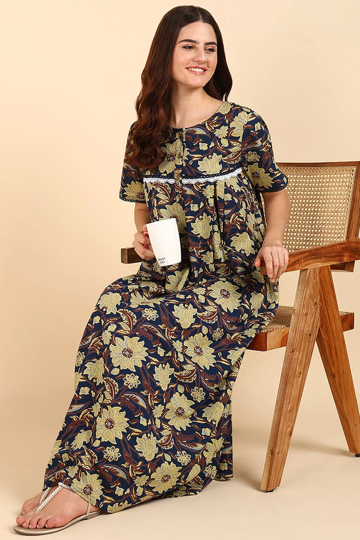 Yellow Floral Printed 100% Soft Cotton Zipless Maternity Maxi - Image 12