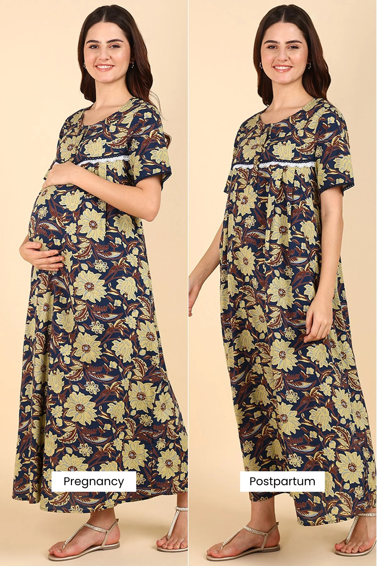 Yellow Floral Printed 100% Soft Cotton Zipless Maternity Maxi - Image 3