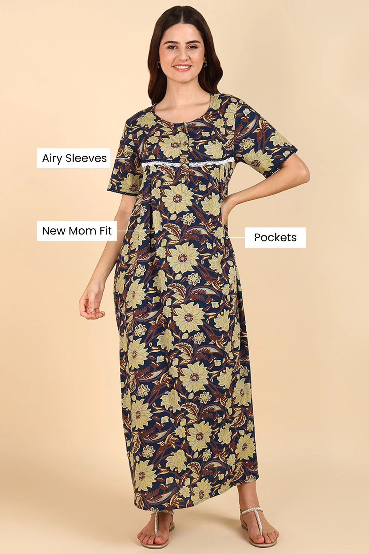 Yellow Floral Printed 100% Soft Cotton Zipless Maternity Maxi - Image 4