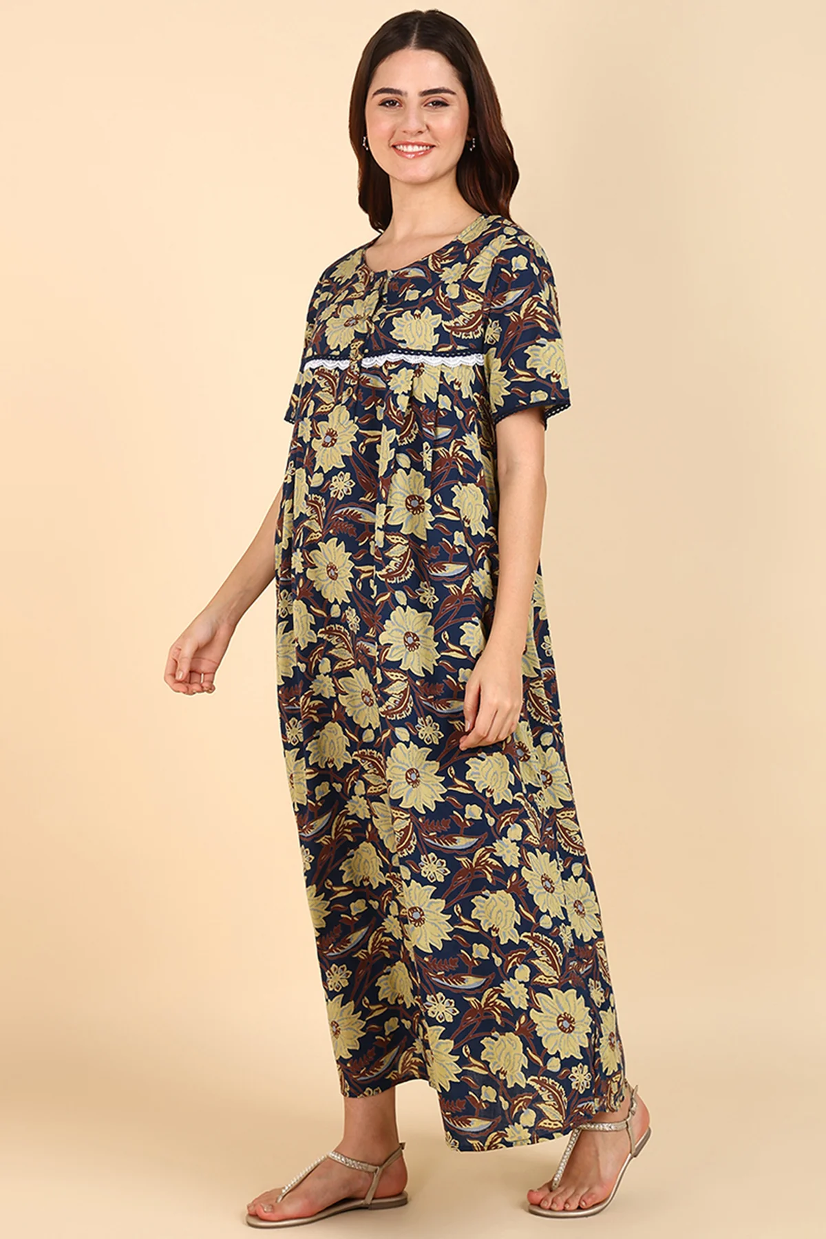 Yellow Floral Printed 100% Soft Cotton Zipless Maternity Maxi - Image 5