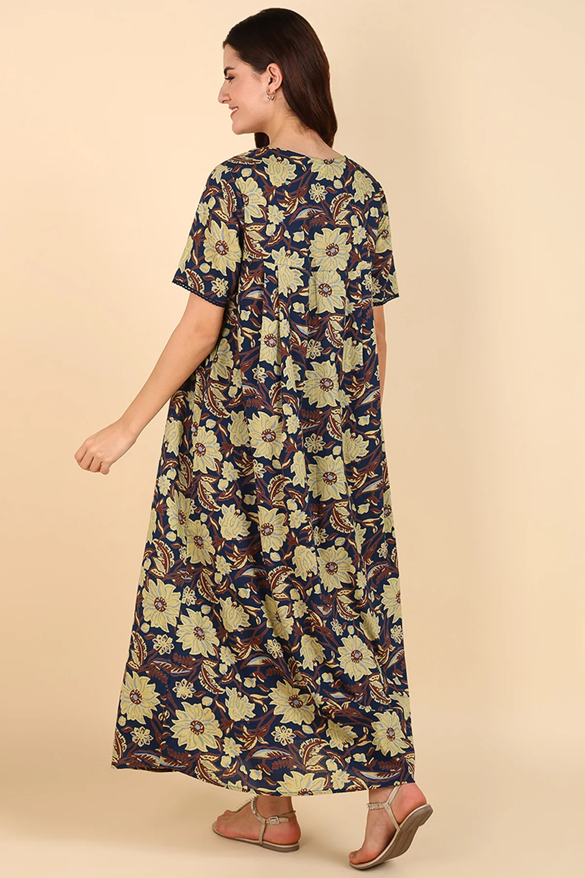 Yellow Floral Printed 100% Soft Cotton Zipless Maternity Maxi - Image 6