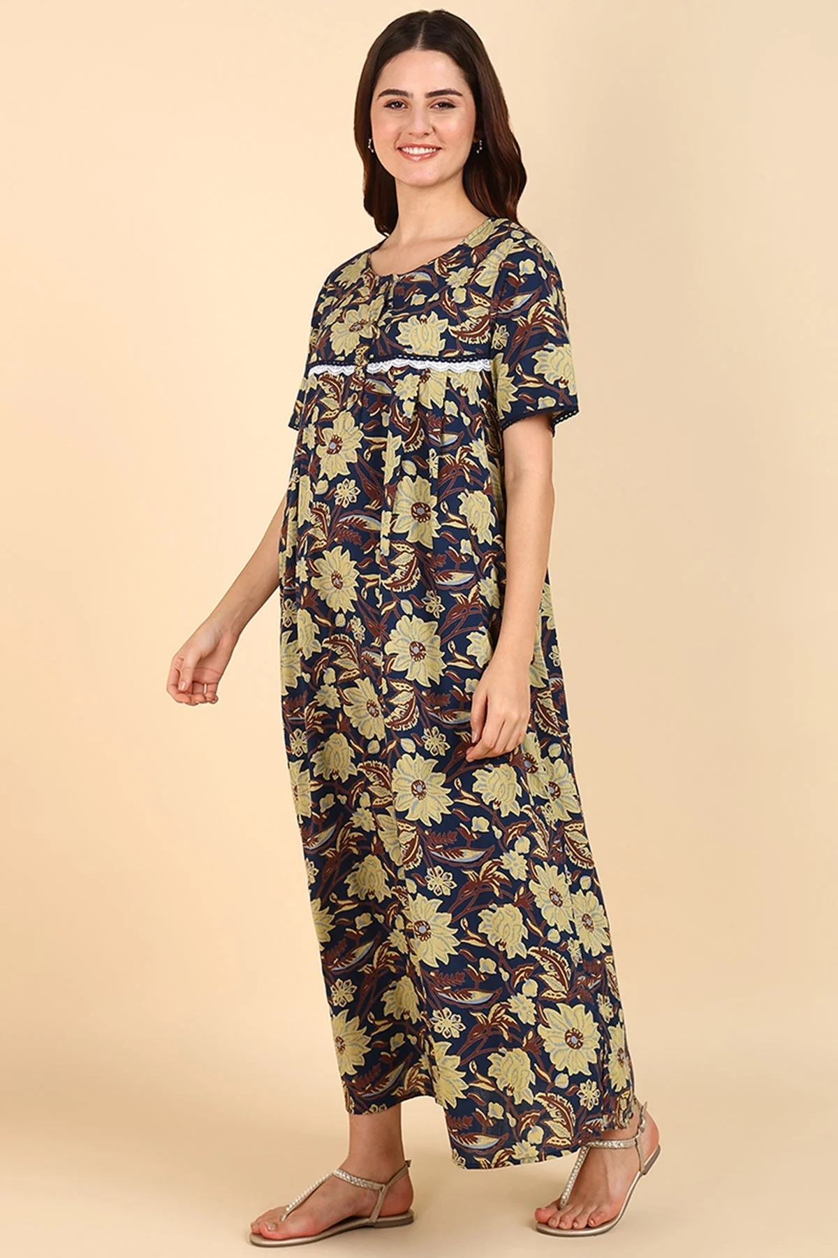 Yellow Floral Printed 100% Soft Cotton Zipless Maternity Maxi - Image 9