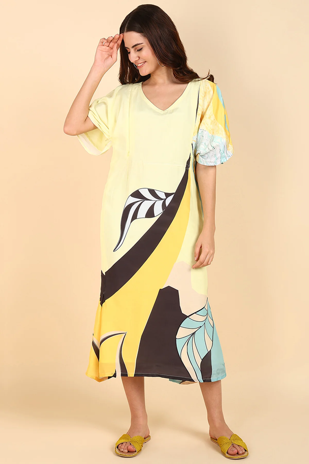 Yellow Printed Maternity Feeding Kaftan - Image 5
