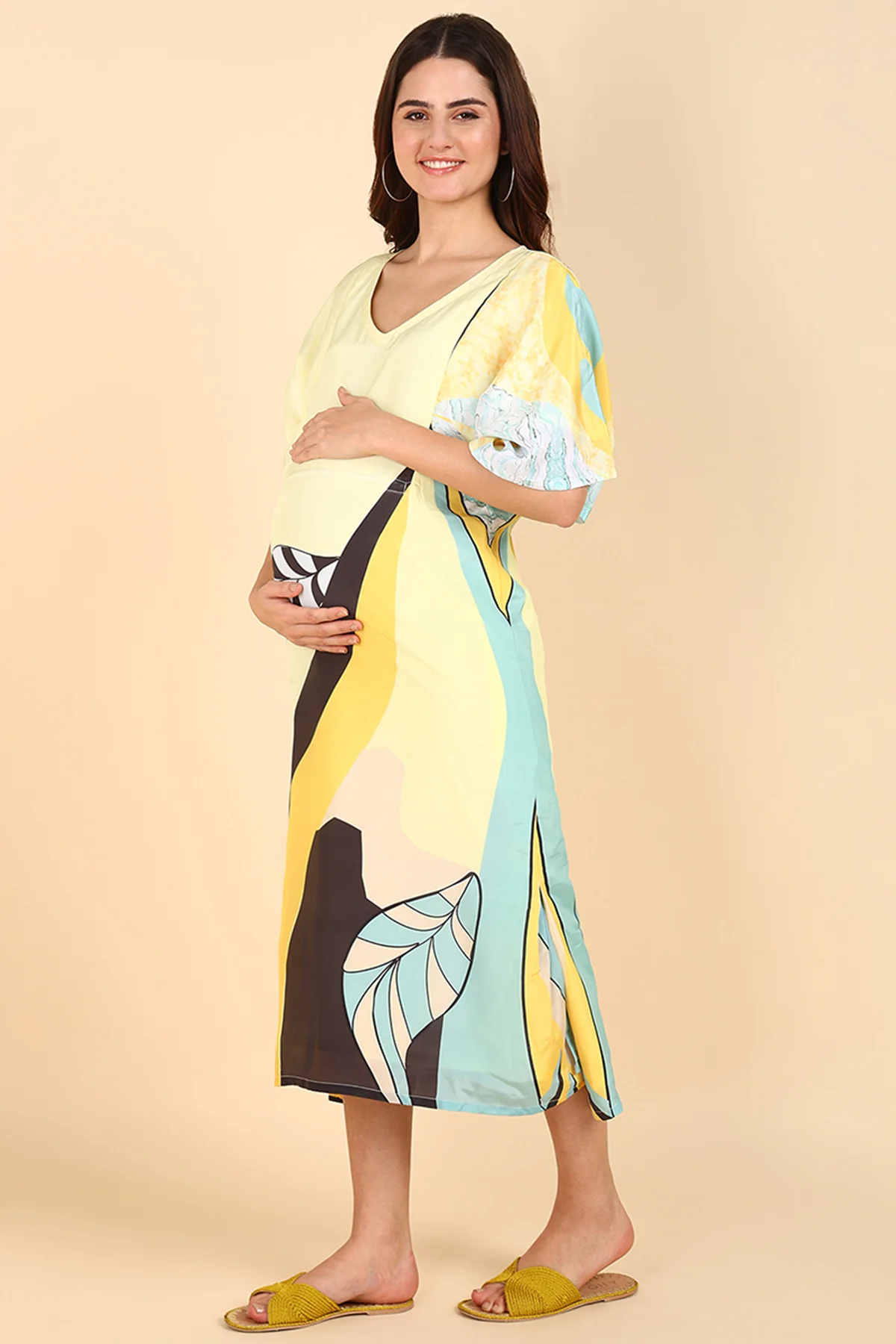 Yellow Printed Maternity Feeding Kaftan - Image 6