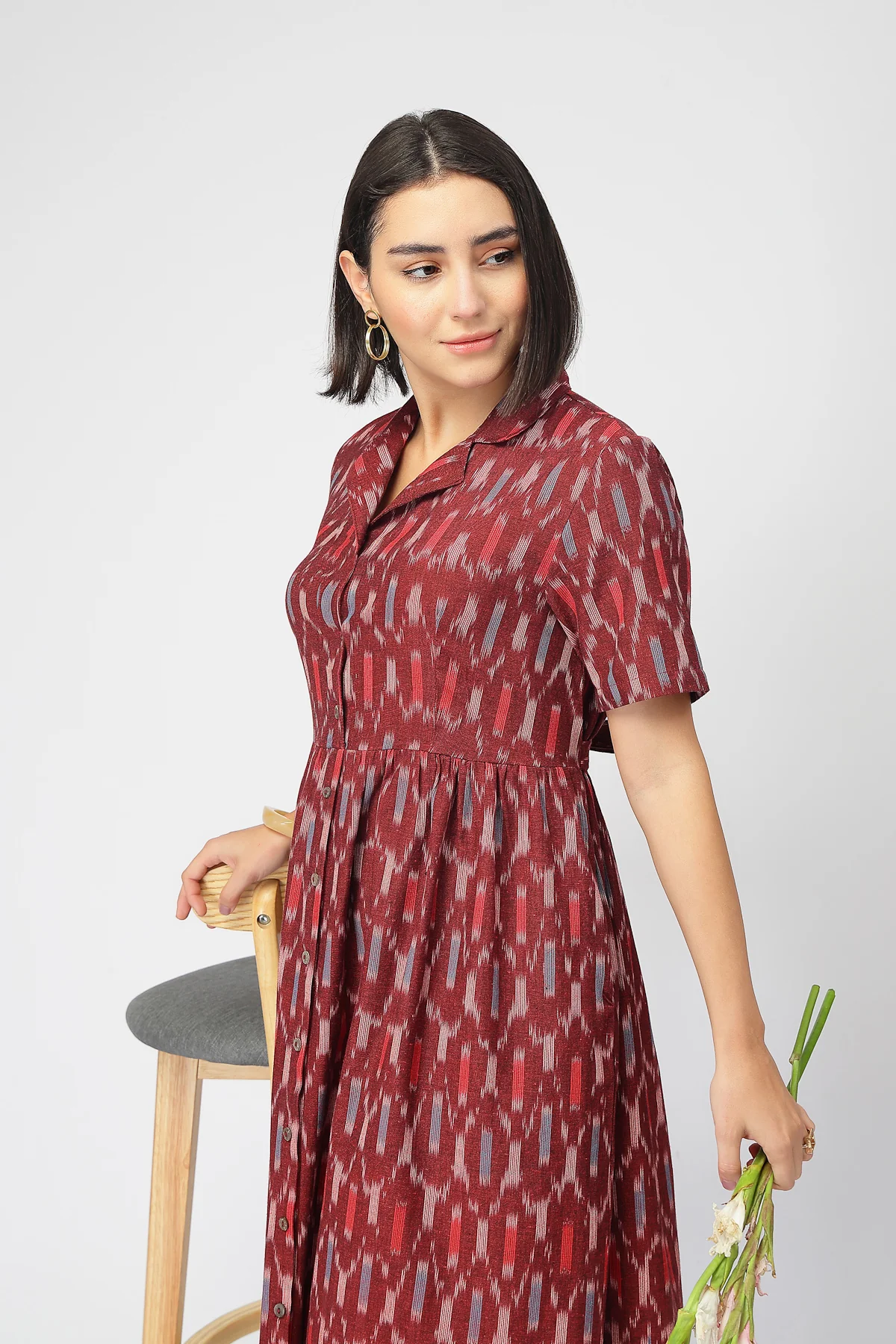 Ikat Zipless Feeding Lapel Dress - Maroon - Image 10