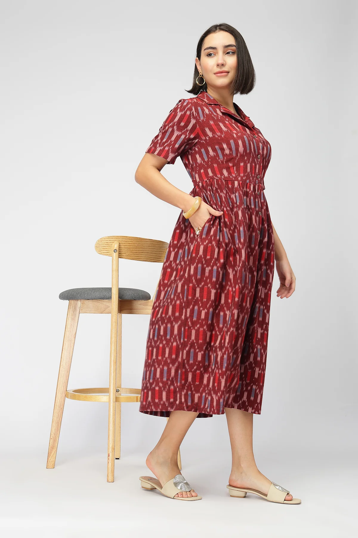 Ikat Zipless Feeding Lapel Dress - Maroon - Image 11