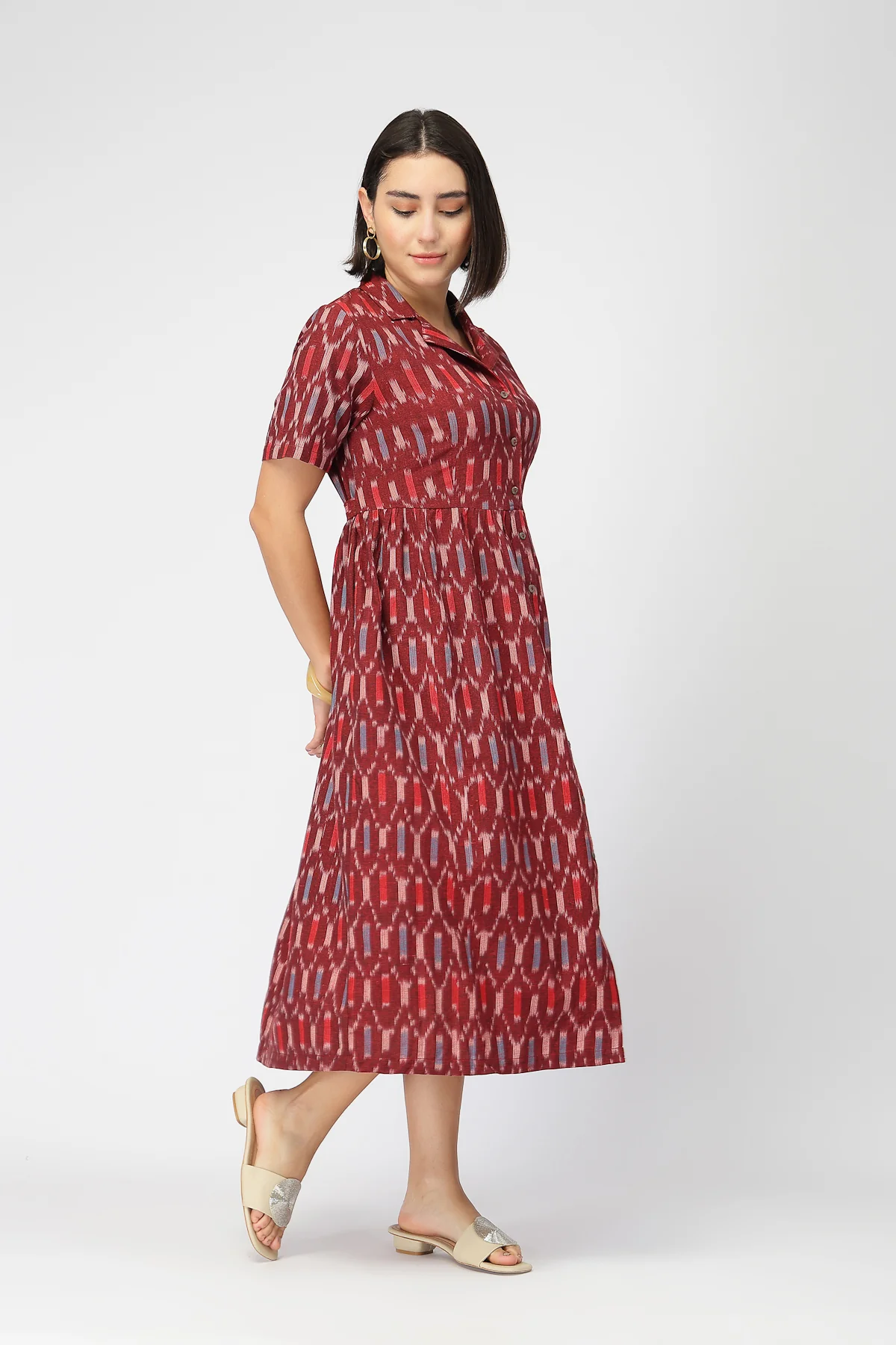Ikat Zipless Feeding Lapel Dress - Maroon - Image 5