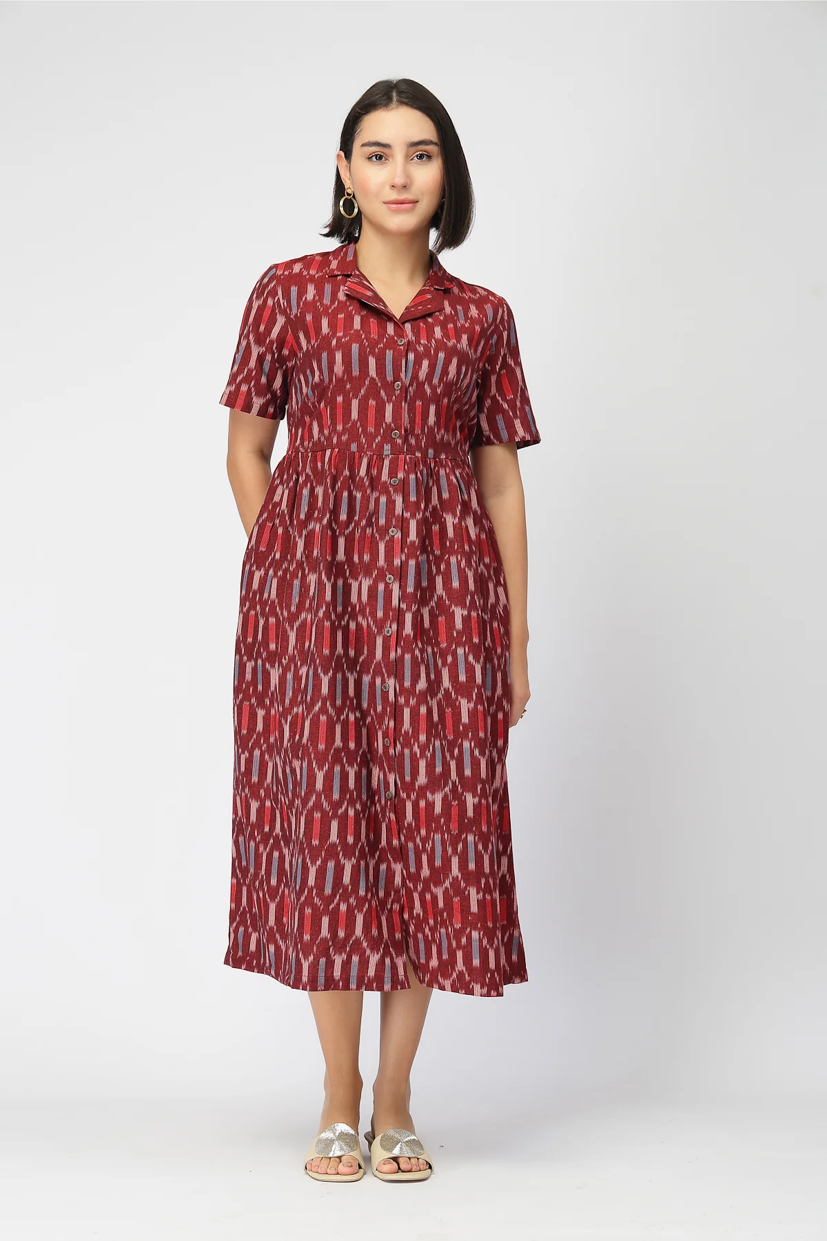 Ikat Zipless Feeding Lapel Dress - Maroon - Image 6