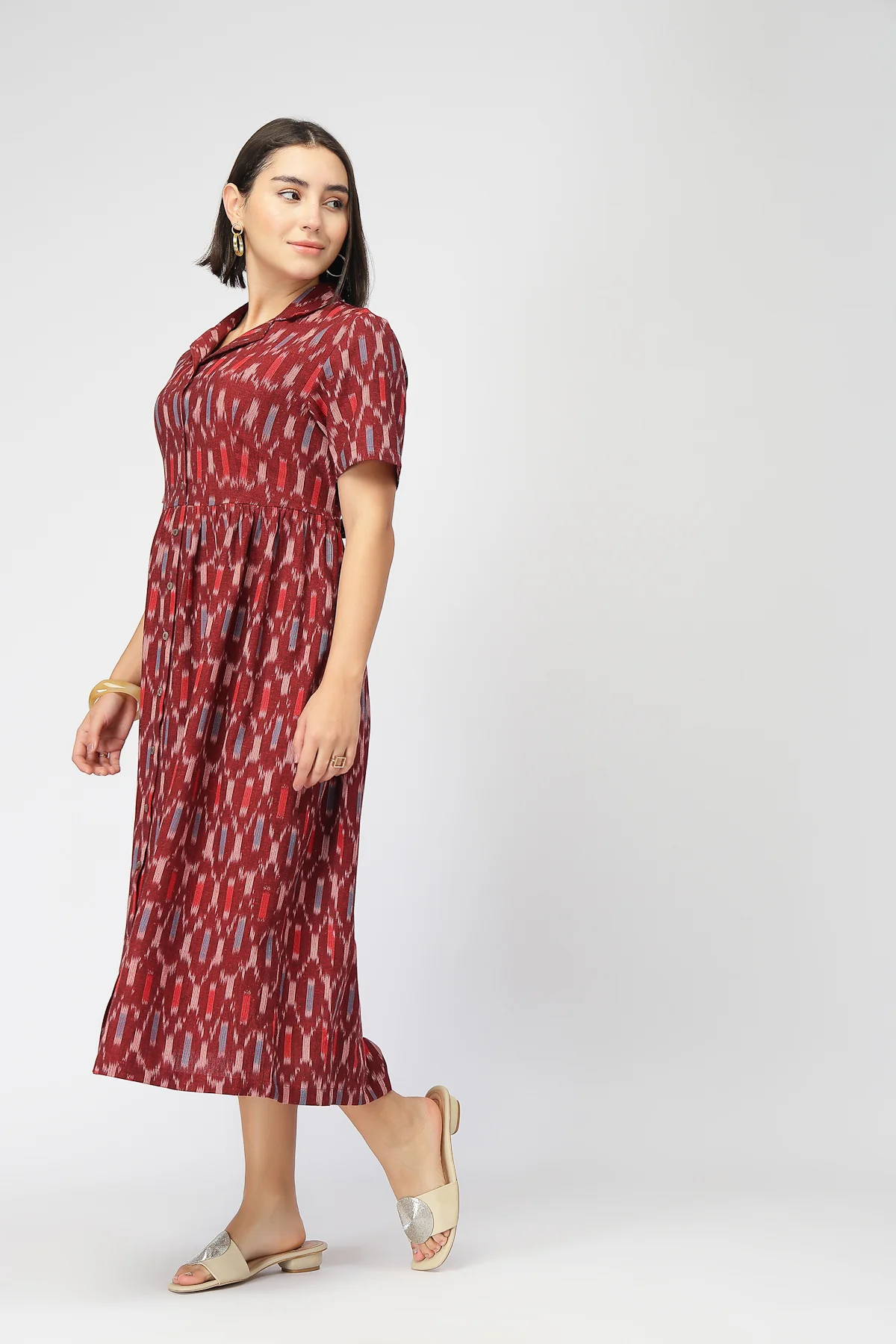 Ikat Zipless Feeding Lapel Dress - Maroon - Image 7