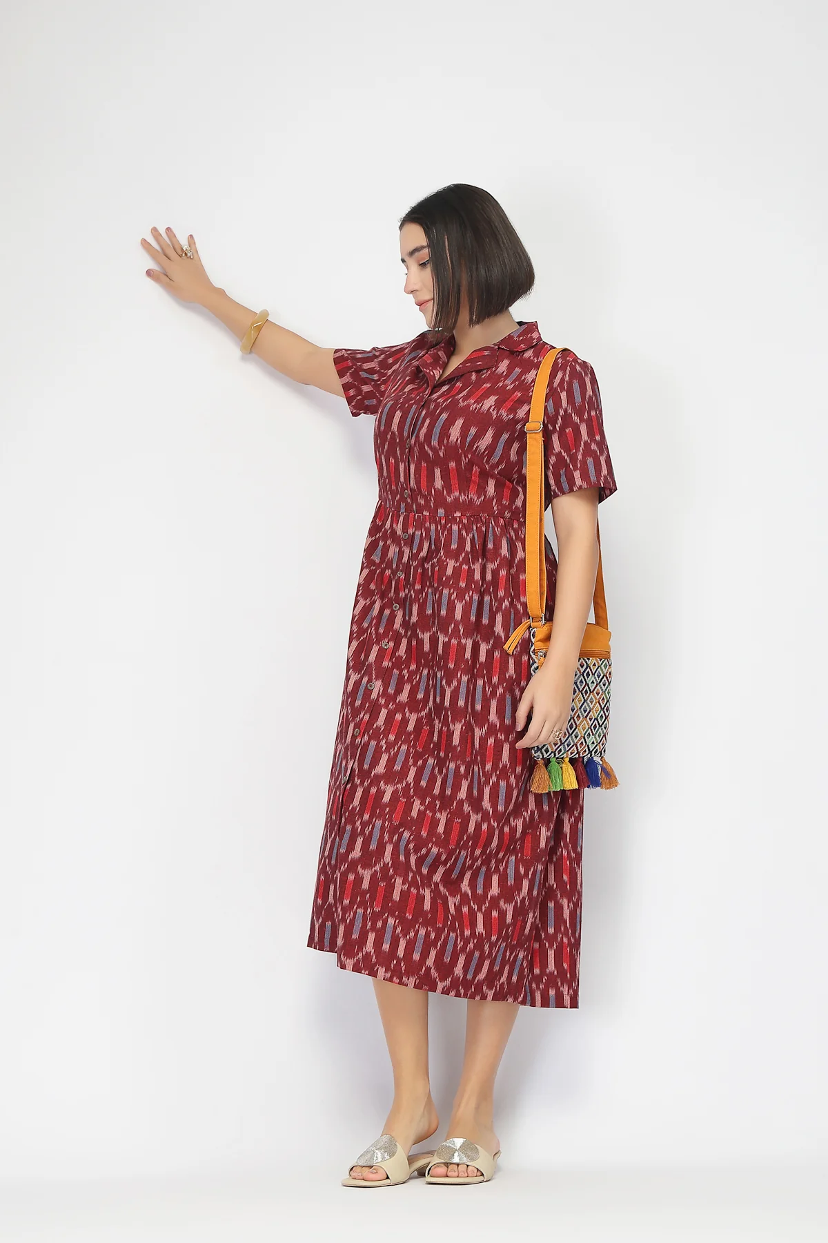 Ikat Zipless Feeding Lapel Dress - Maroon - Image 8