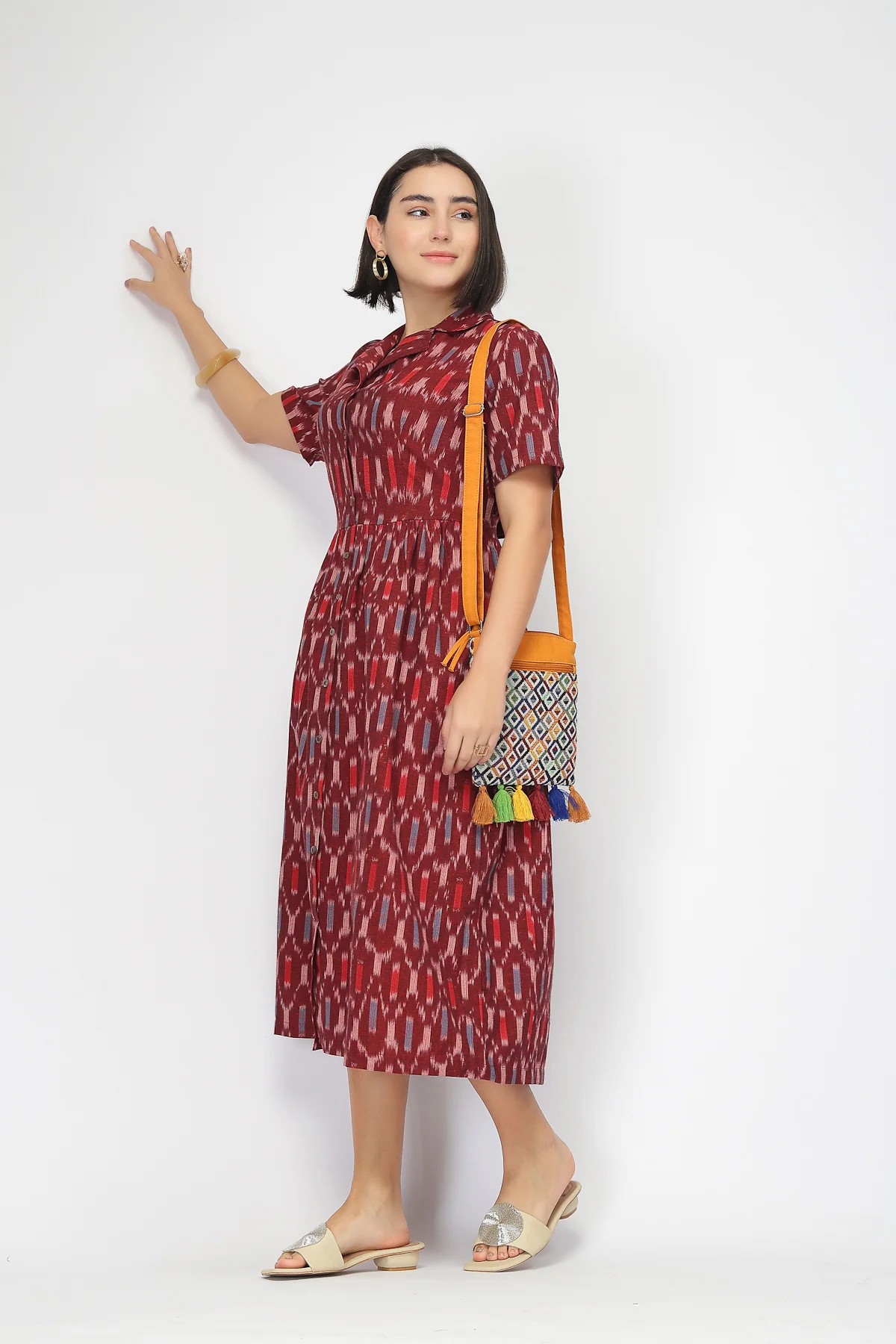 Ikat Zipless Feeding Lapel Dress - Maroon - Image 9