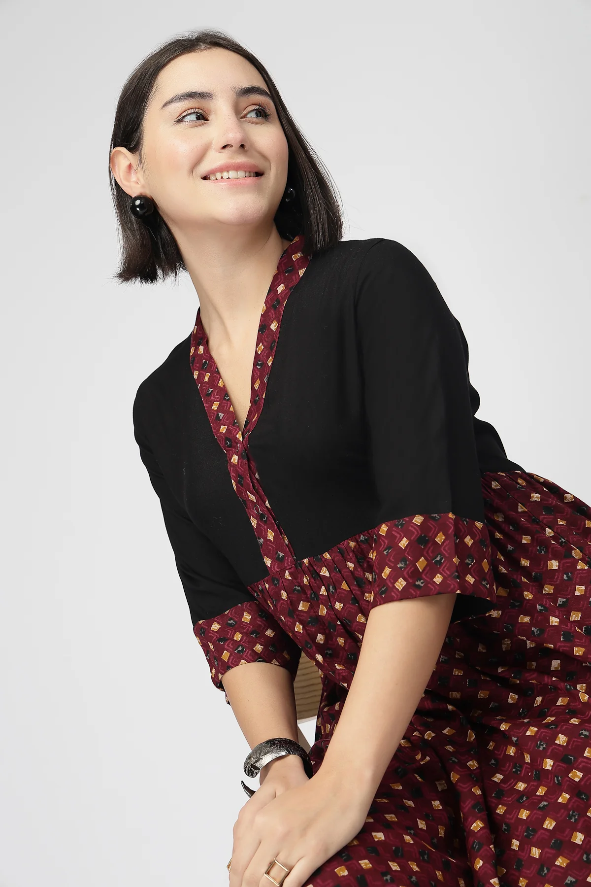 Maternity Zipless Feeding Kurta Set -Black & Maroon - Image 11