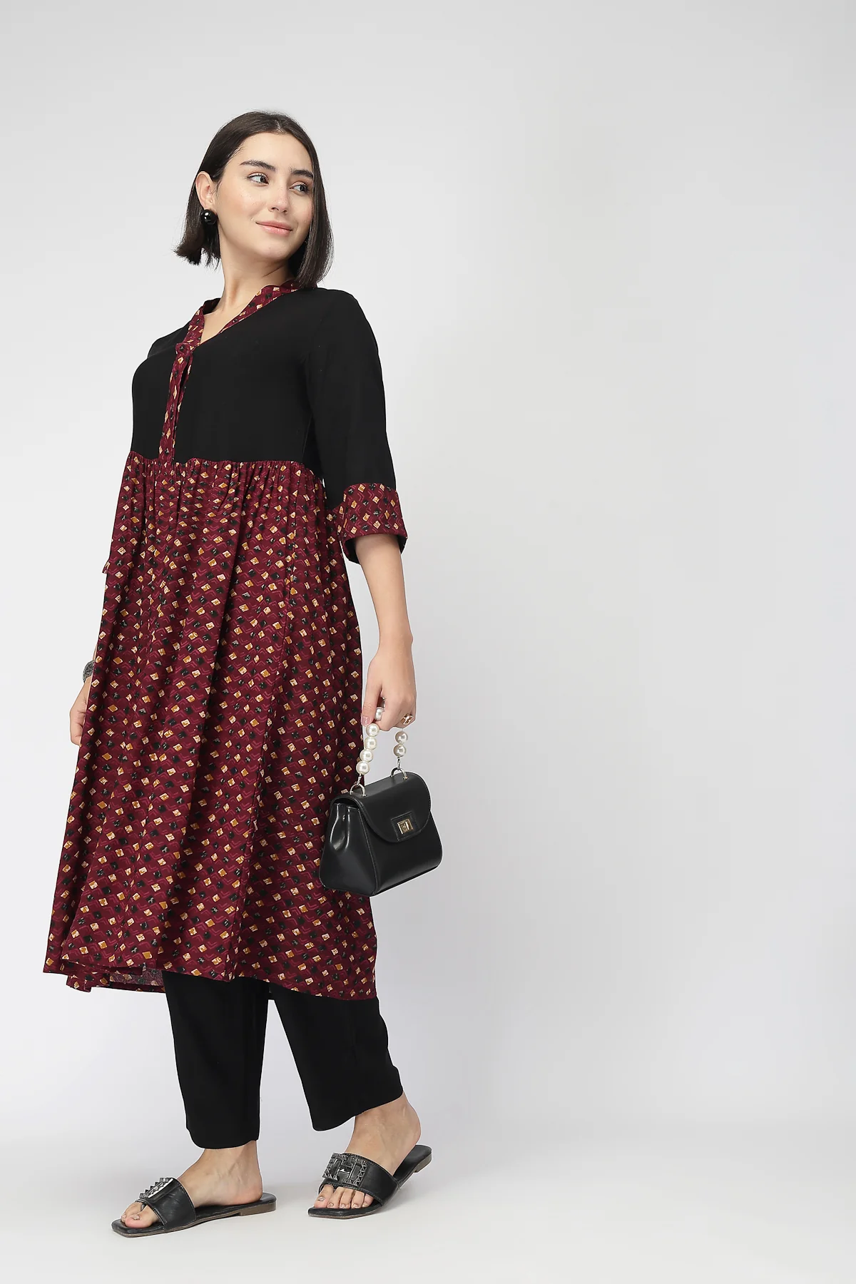 Maternity Zipless Feeding Kurta Set -Black & Maroon - Image 8