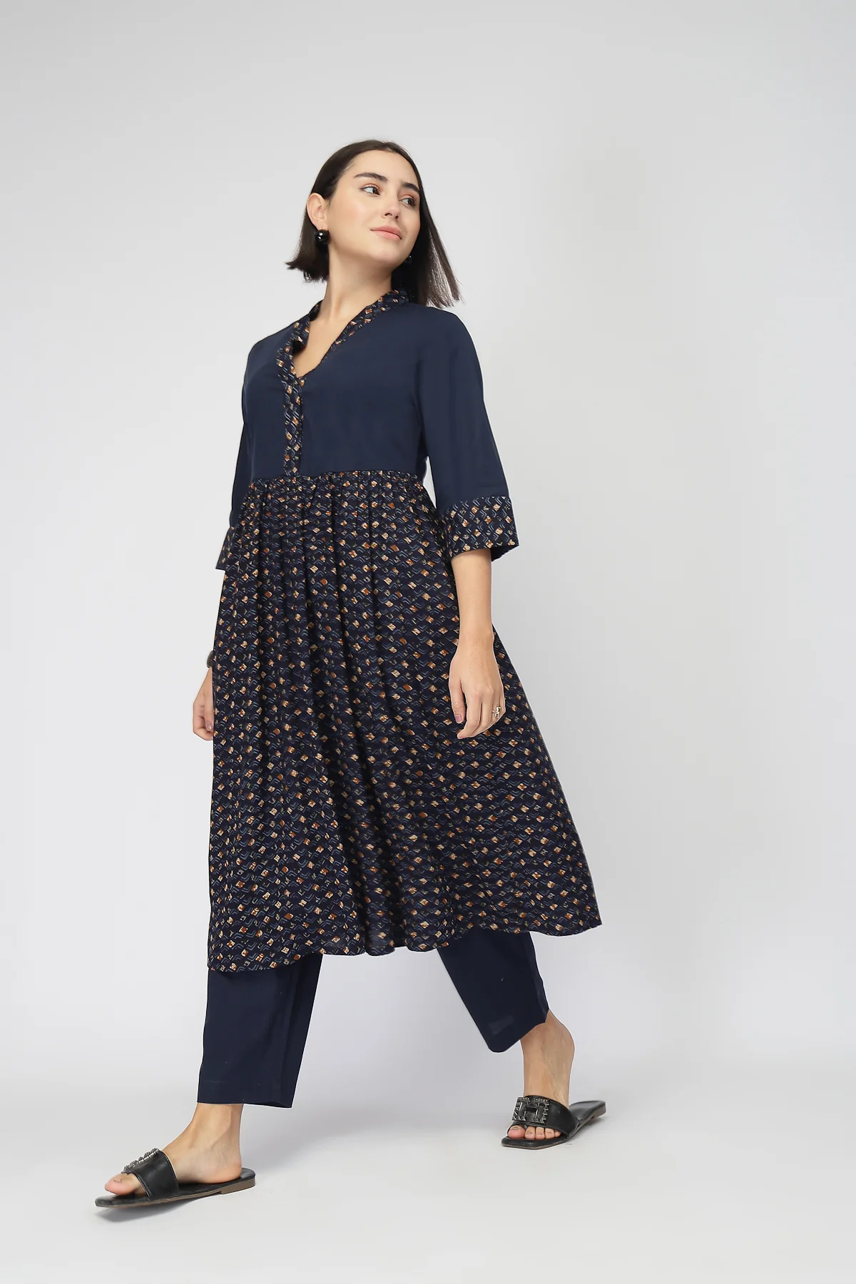 Maternity Zipless Feeding Kurta Set  -Navy Blue - Image 11