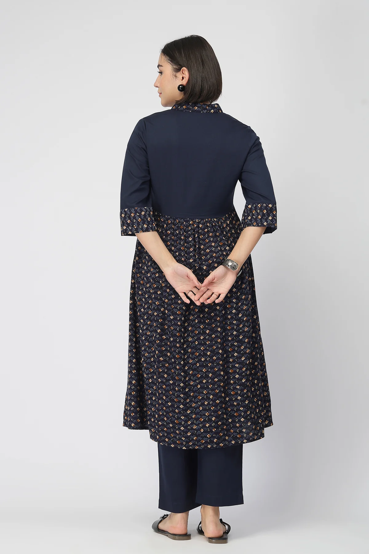 Maternity Zipless Feeding Kurta Set  -Navy Blue - Image 3