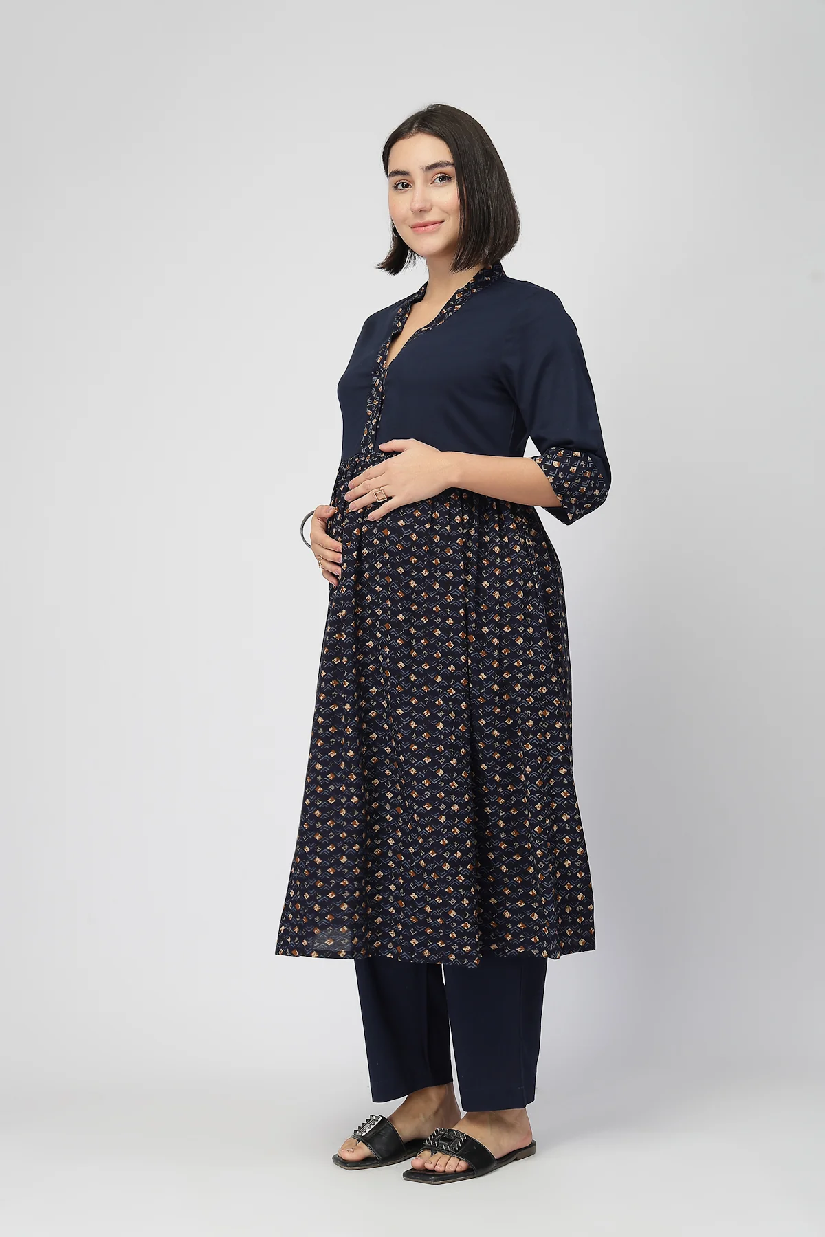 Maternity Zipless Feeding Kurta Set  -Navy Blue - Image 4