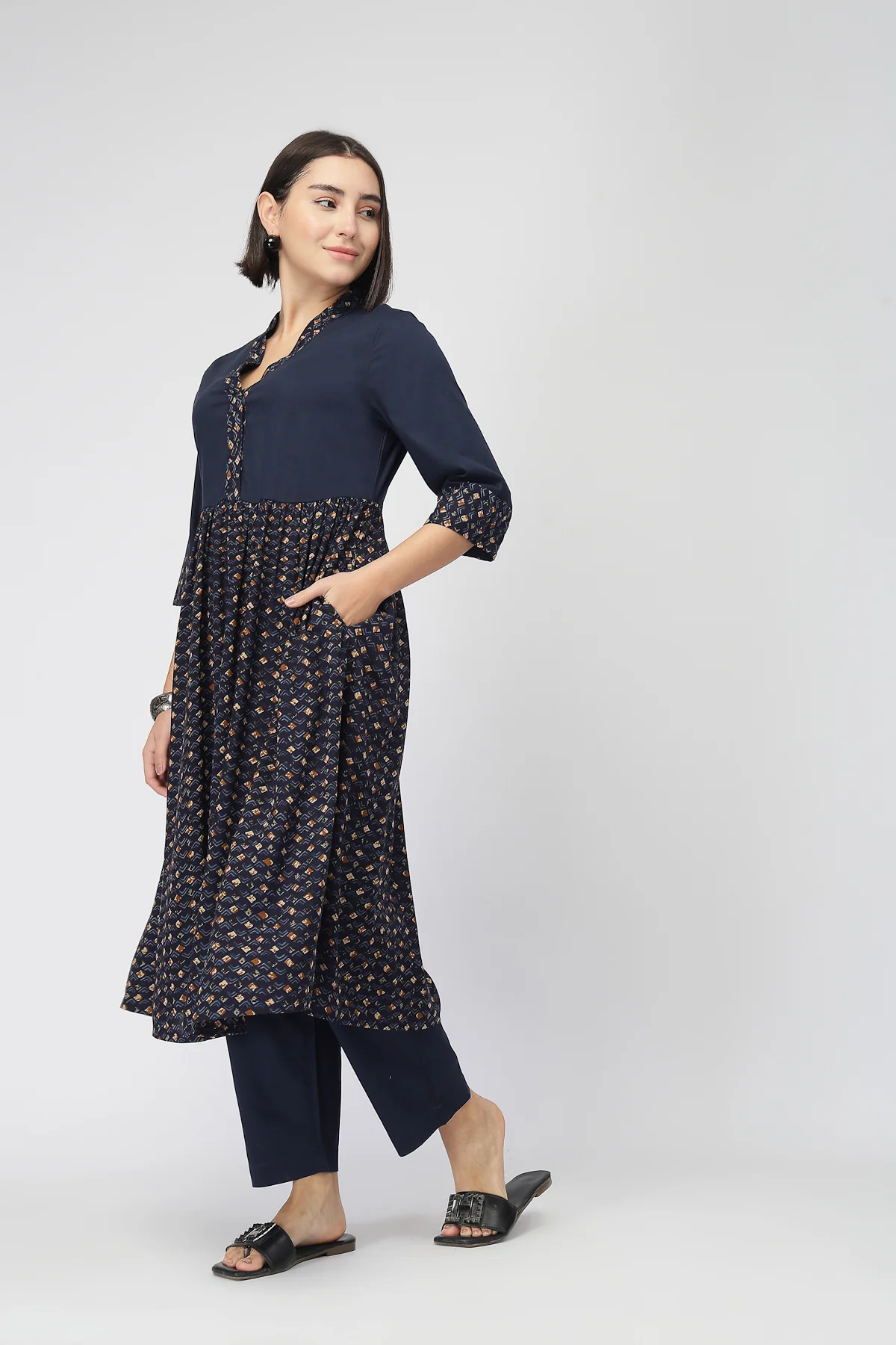 Maternity Zipless Feeding Kurta Set  -Navy Blue - Image 7
