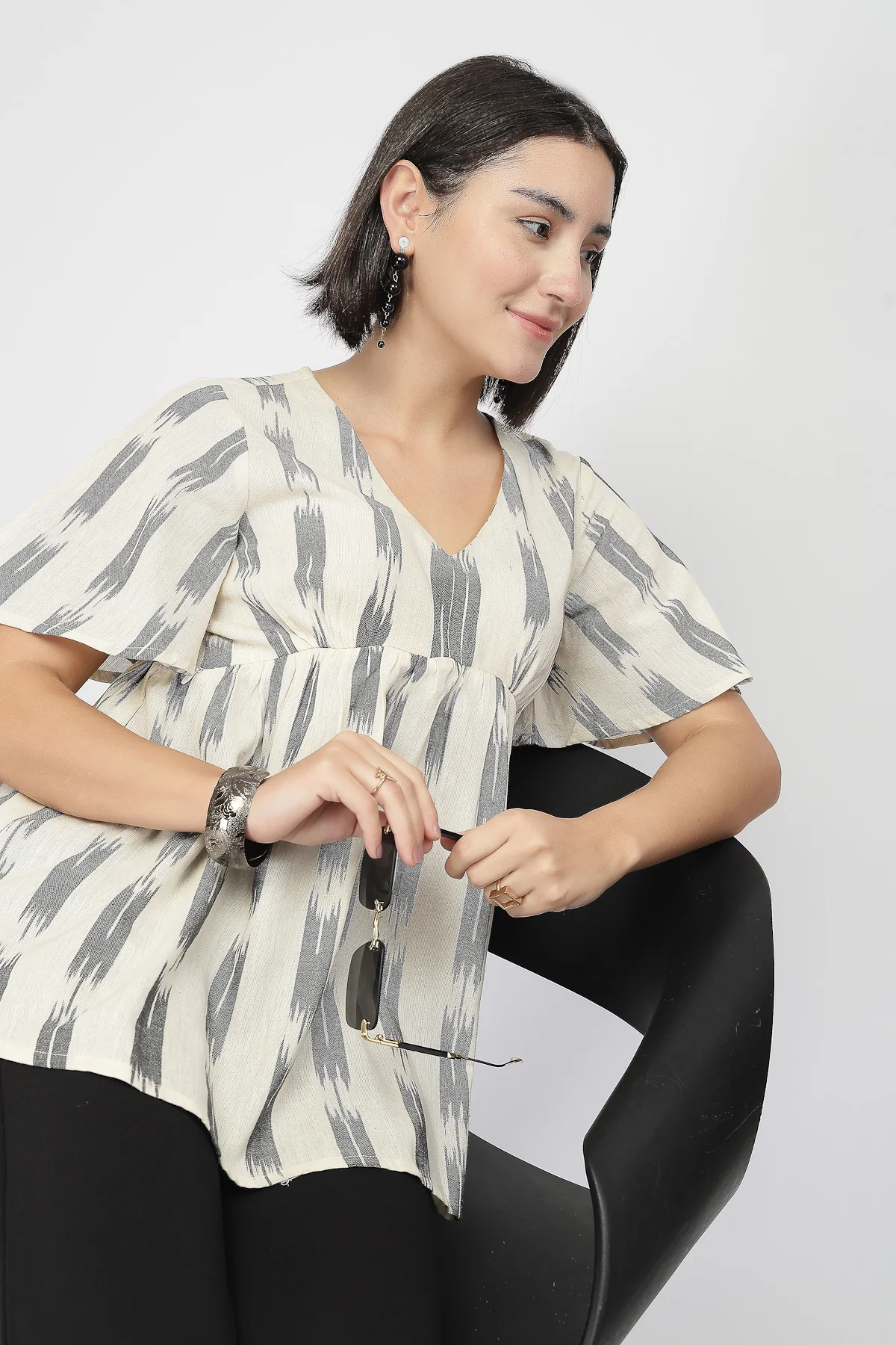 Broad Ikat Gathered Top with Zip - OFF-WHITE - Image 10