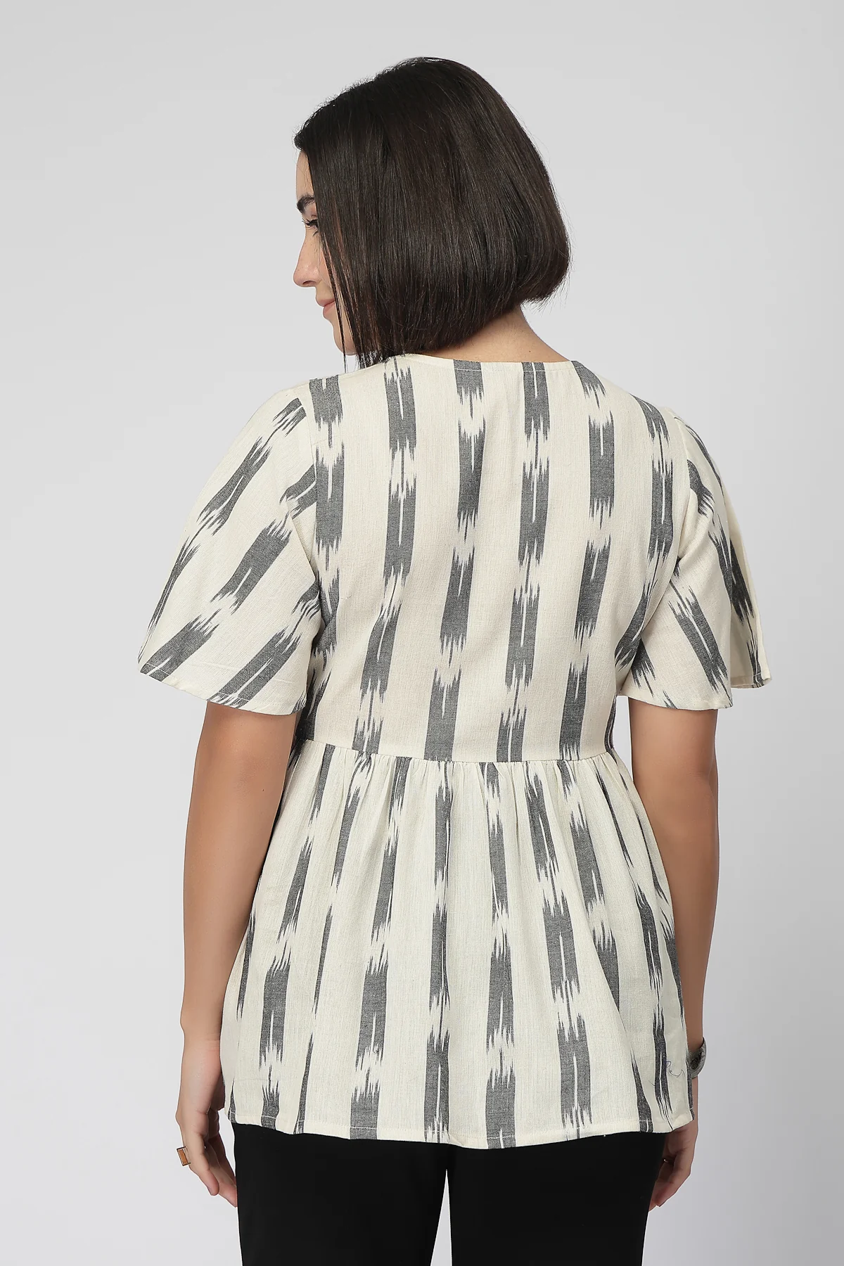 Broad Ikat Gathered Top with Zip - OFF-WHITE - Image 3