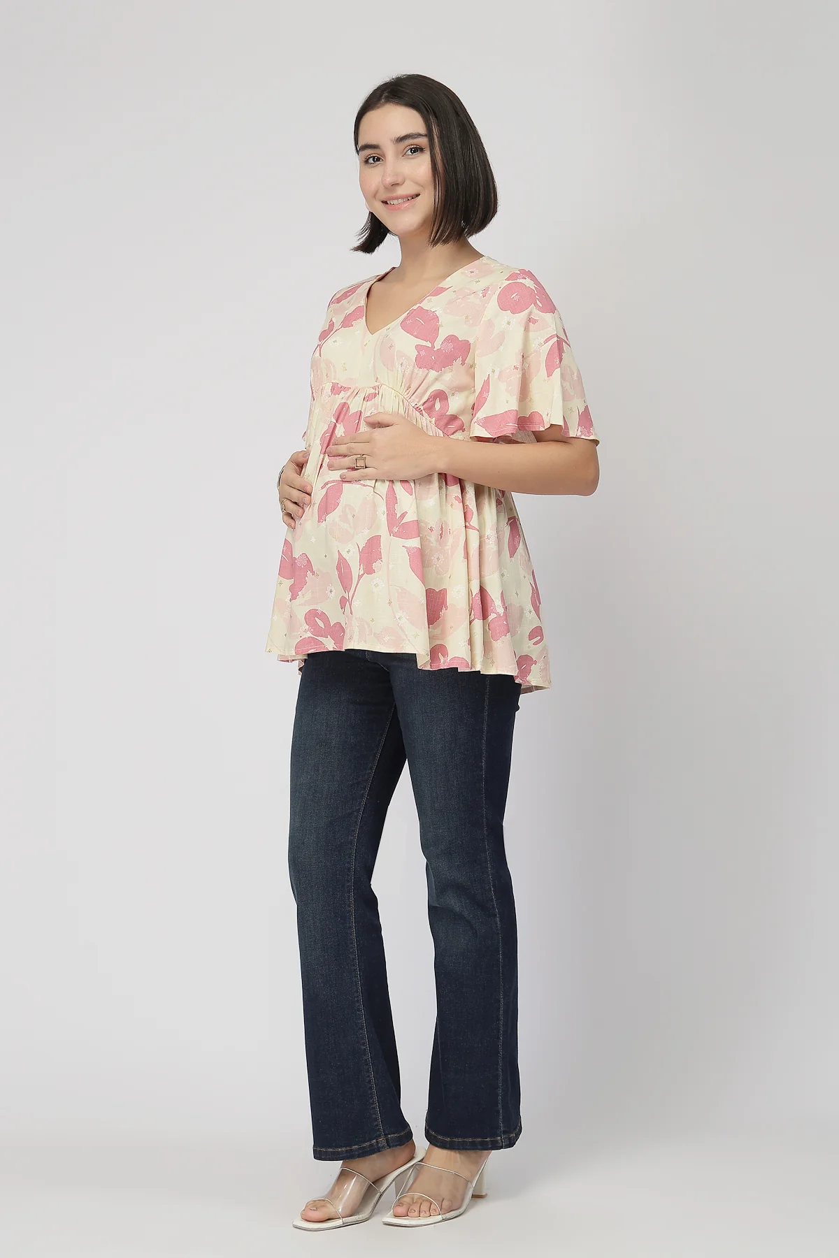 Maternity Printed  Top with Zip Feeding - PINK - Image 5