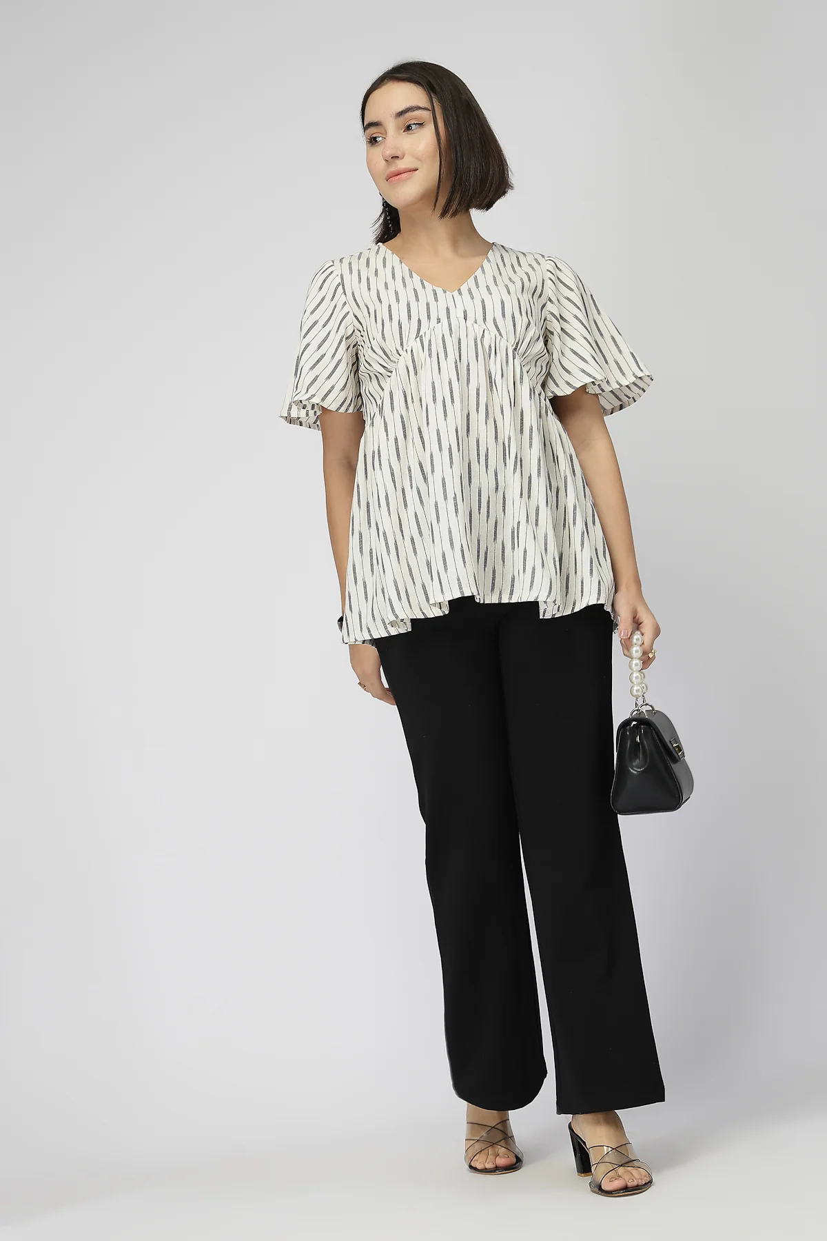 Fine Ikat Maternity Gathered Top with Zip - Off White - Image 7