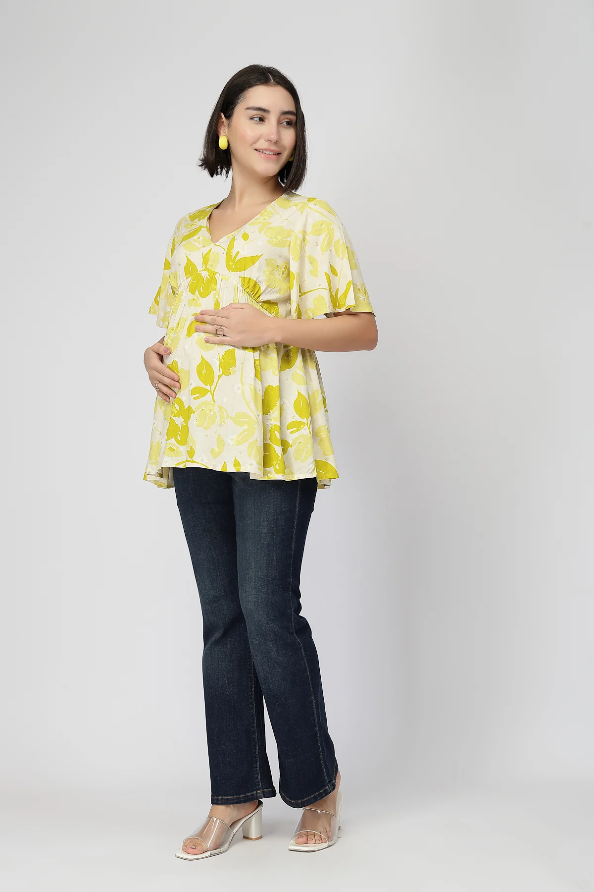 Maternity Gathered Top with Concealed Zip Feeding - Mustard - Image 7